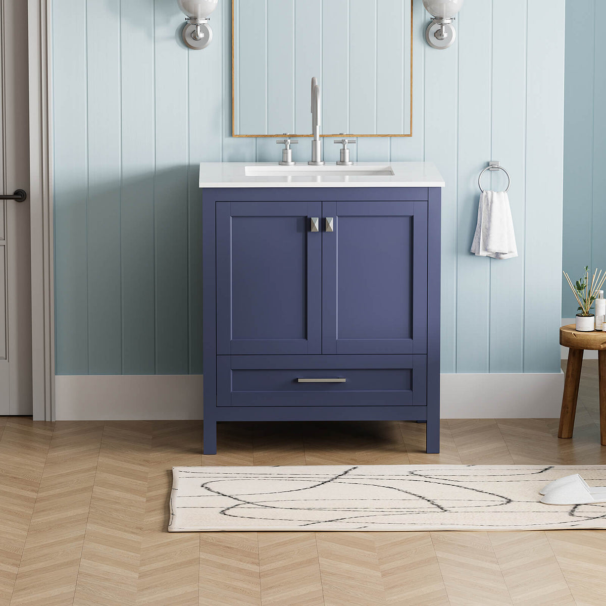 Elegant blue vanity with Carrara marble countertop for bathrooms
