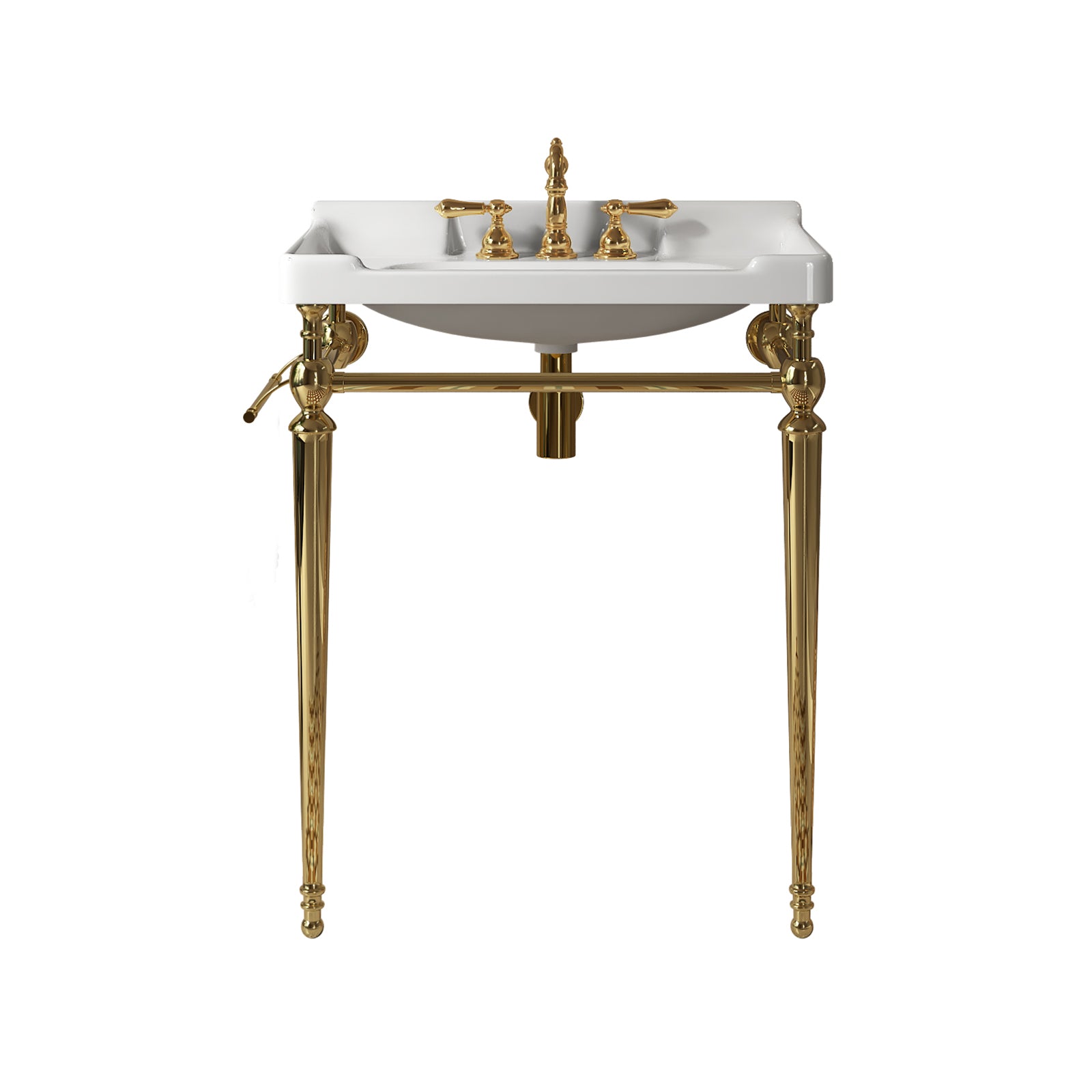 Elegant console vanity with white ceramic and gold legs