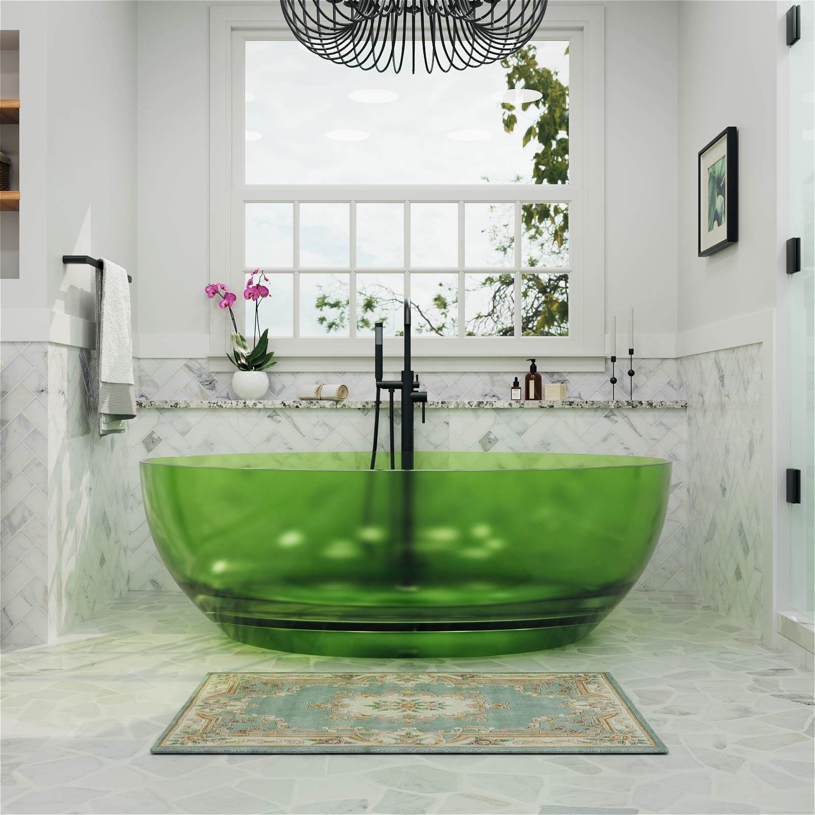 Elegant green resin round bathtub for modern bathrooms