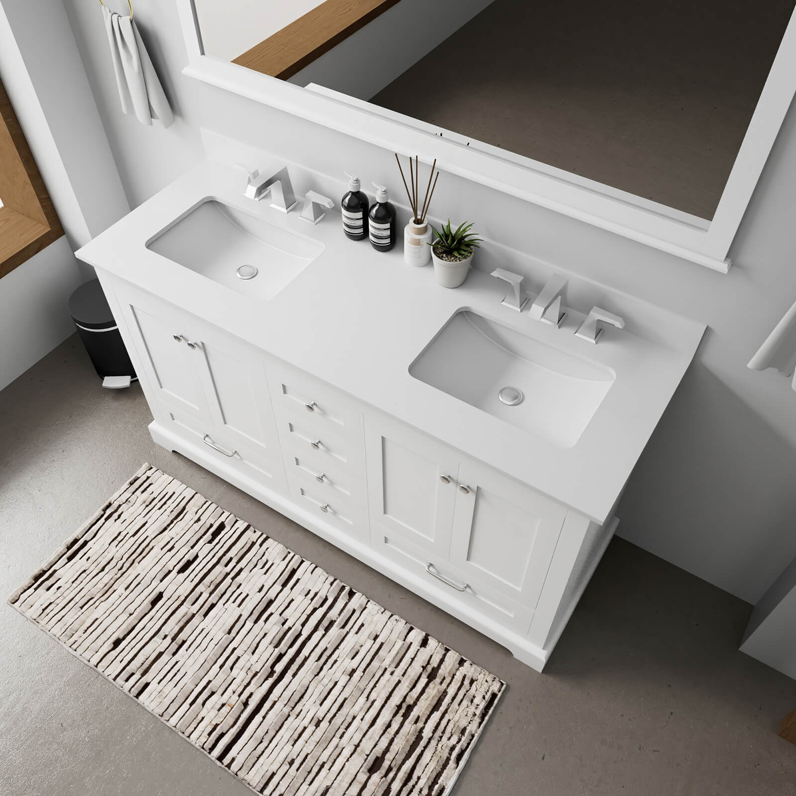 Elegant white bathroom vanity with soft close drawers and ceramic undermount sink