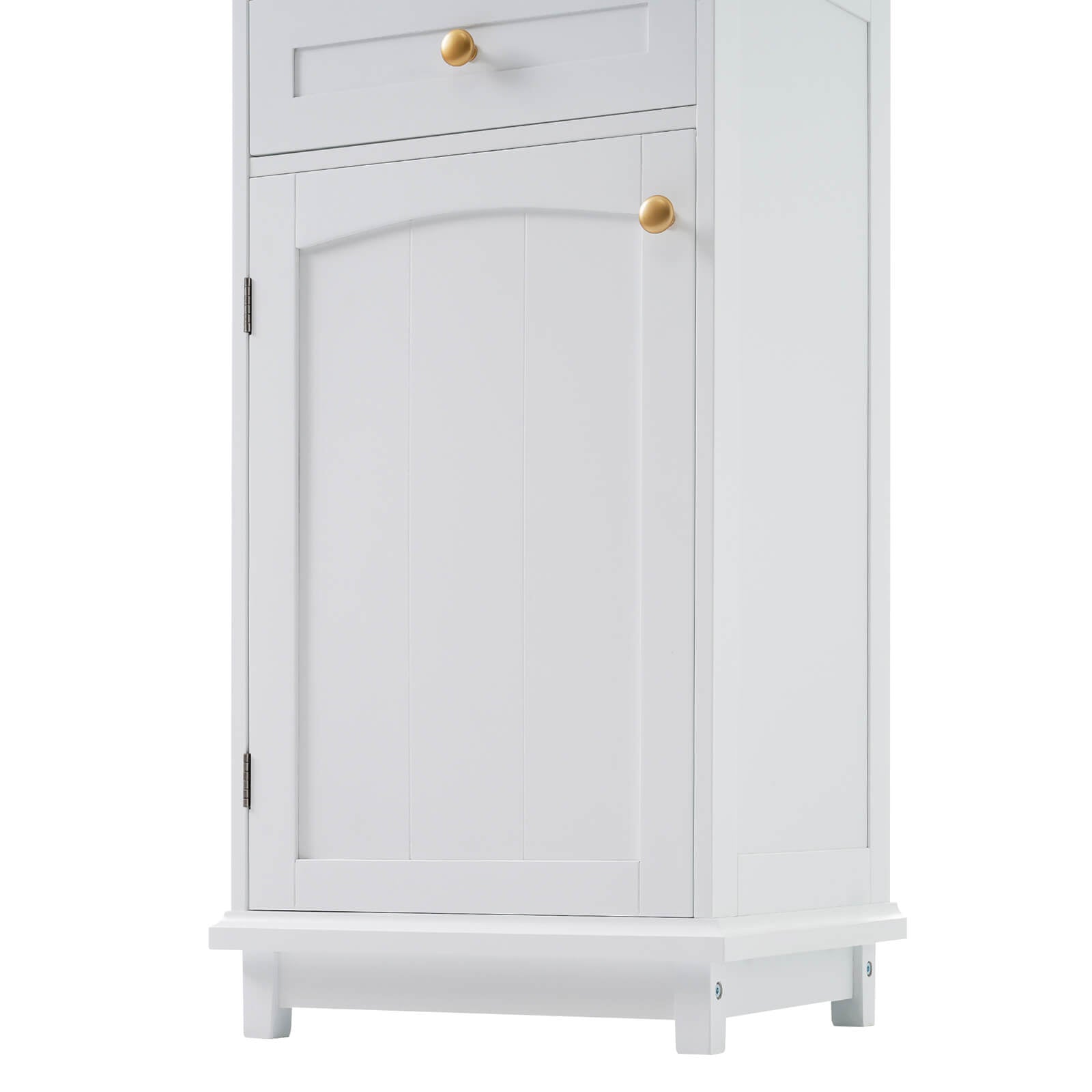 Elegant bathroom linen cabinet with gold handles and transparent doors