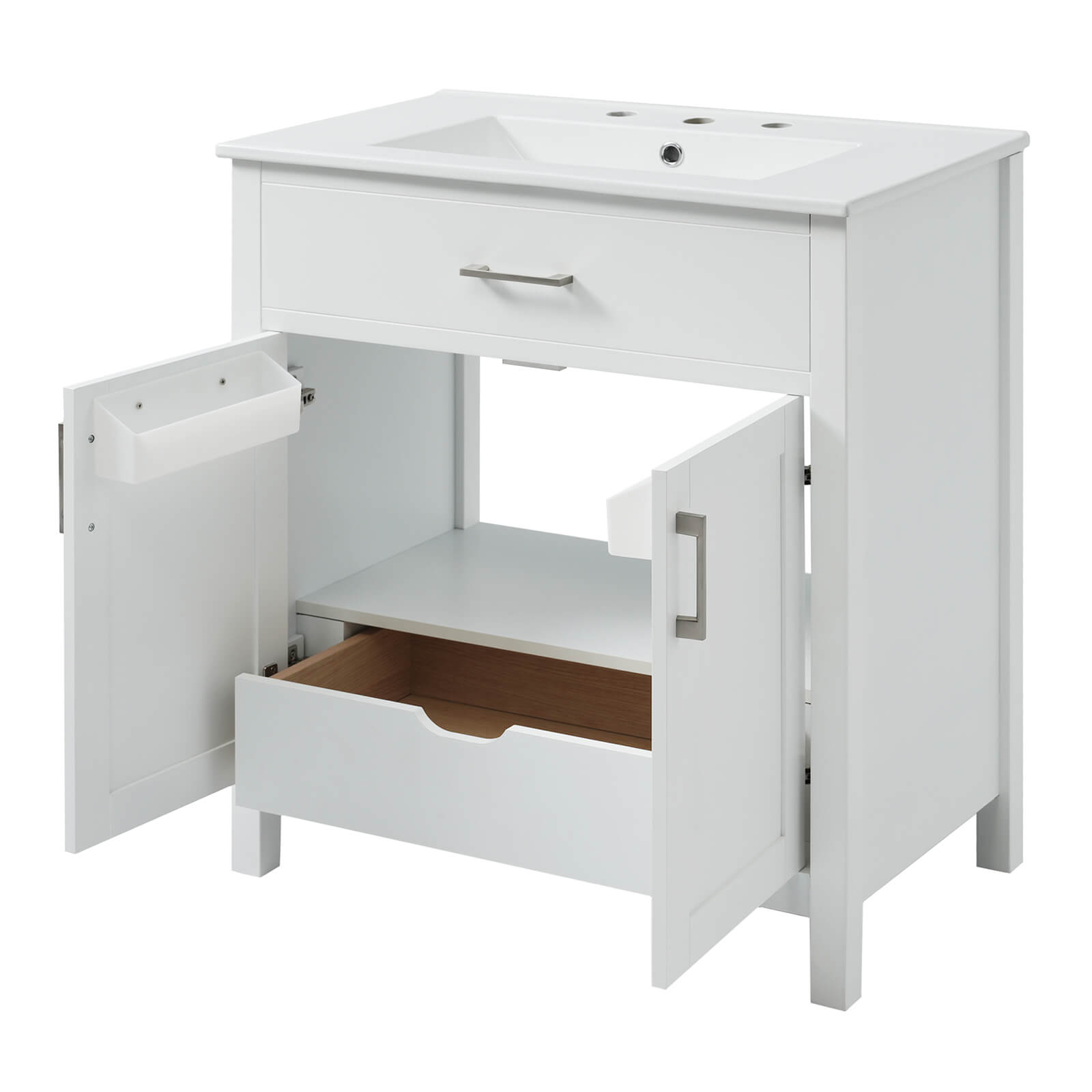 Elegant bathroom vanity with silver handles and soft-close cabinet doors