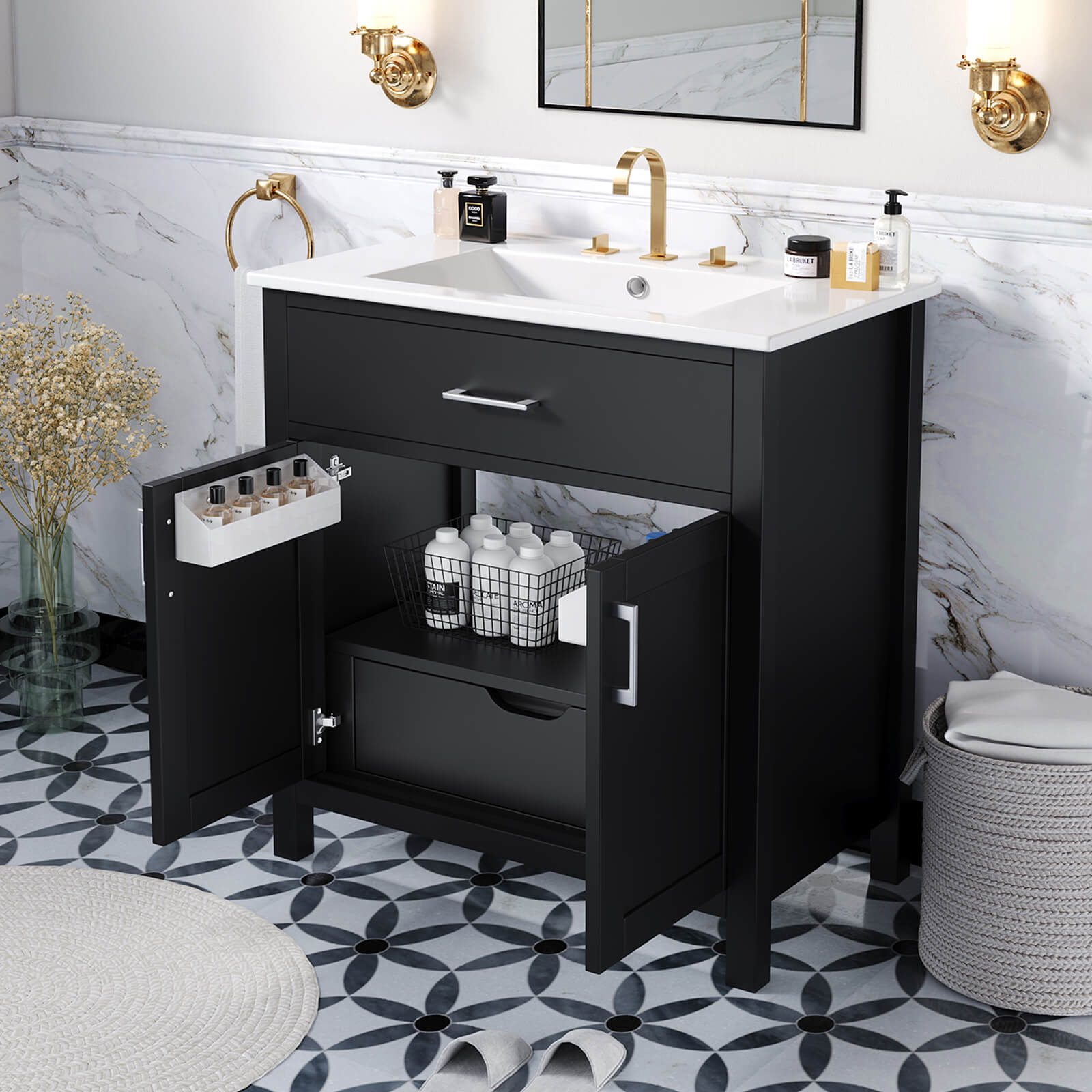Elegant black silk bathroom vanity with silver handles and storage