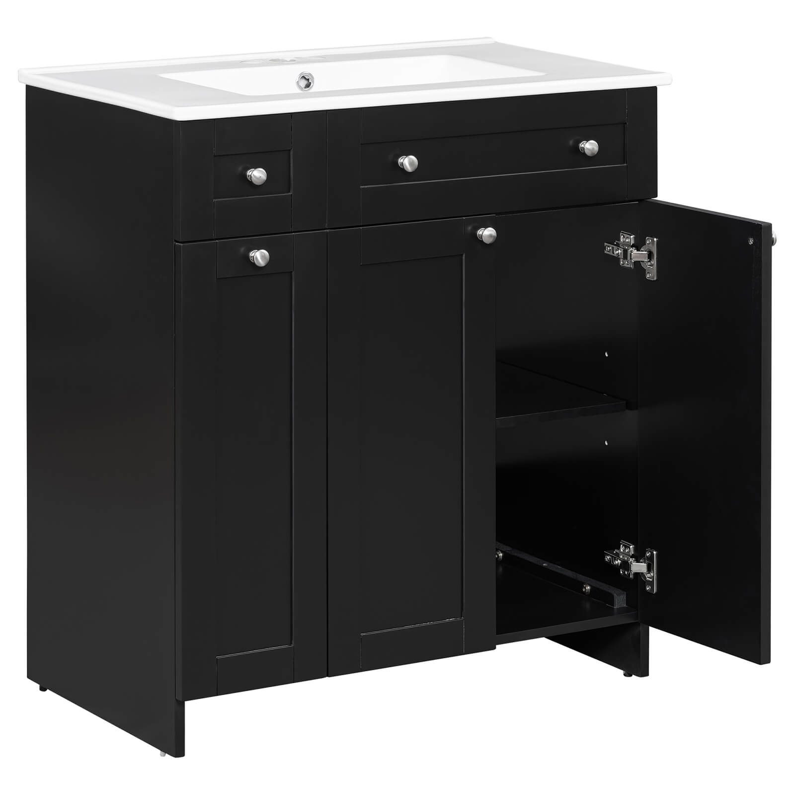 Elegant black vanity with MDF construction for humidity resistance