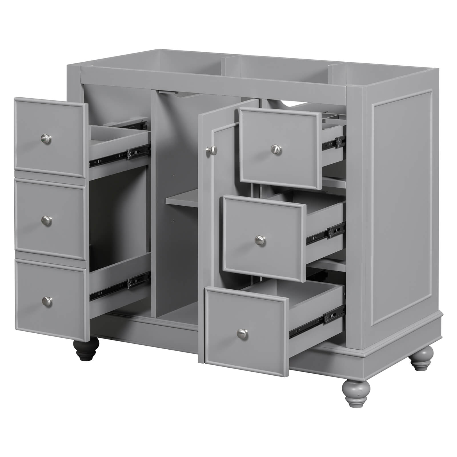 Elegant gray vanity showcasing spacious cabinet without a sink