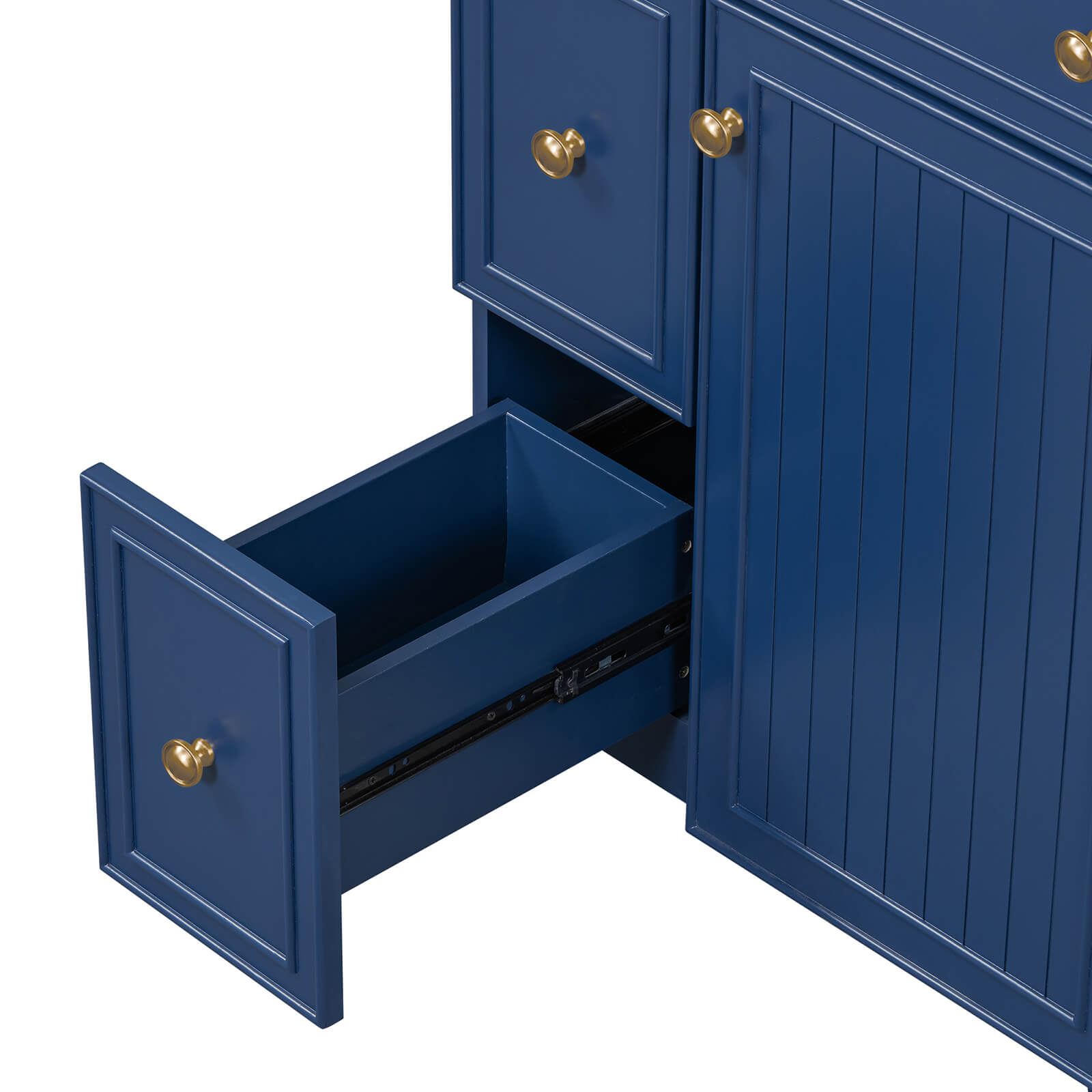 Elegant navy blue bathroom vanity with warm gold handle contrast