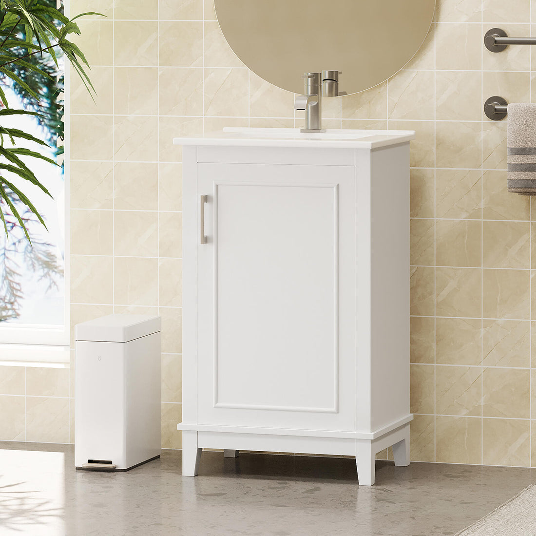 Elegant white single-door vanity for small bathrooms