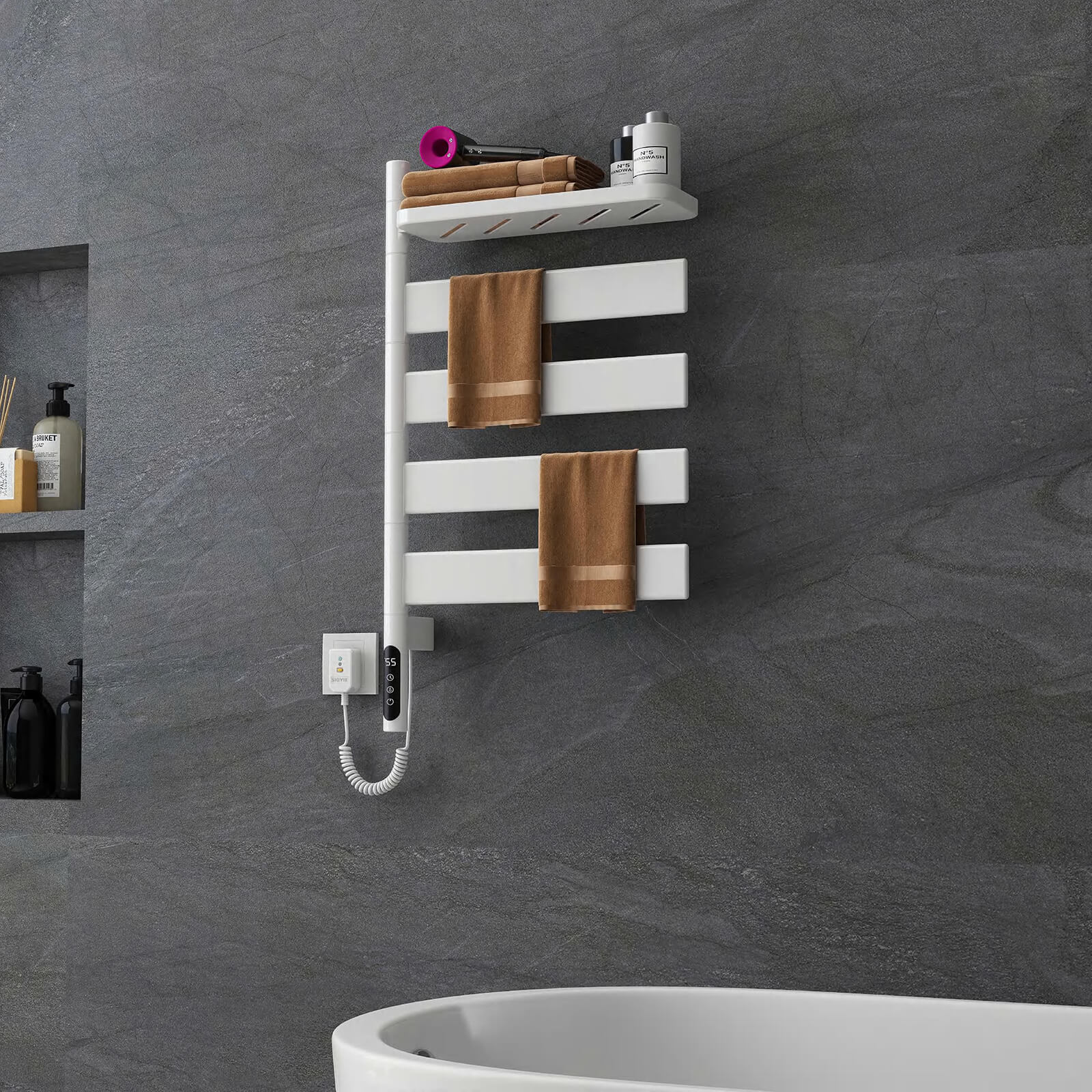 Elegant white towel warmer with temperature control settings