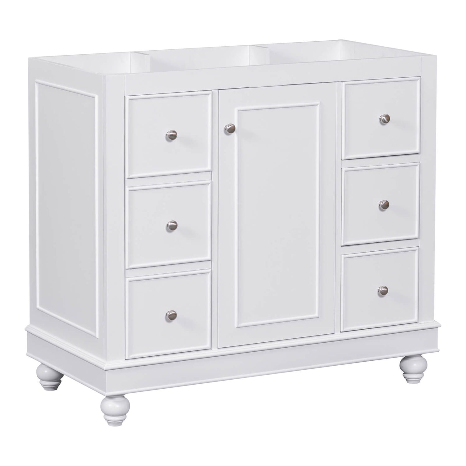 Elegant white vanity with brushed brass handles in a modern bathroom Cabinet Only