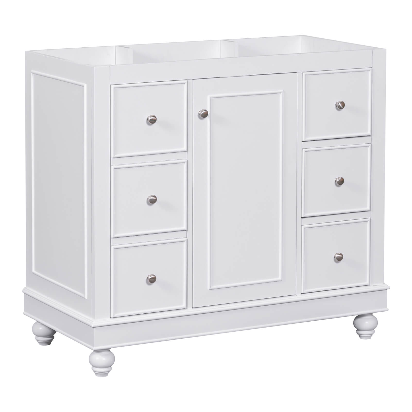 Elegant white vanity with brushed brass handles in a modern bathroom Cabinet Only