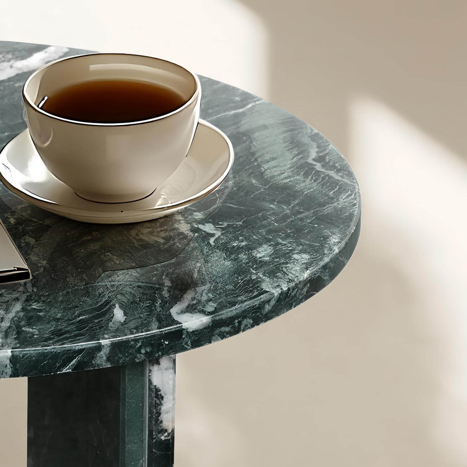 18" Modern Round Green Natural Marble Side Table for Bathroom and Livingroom