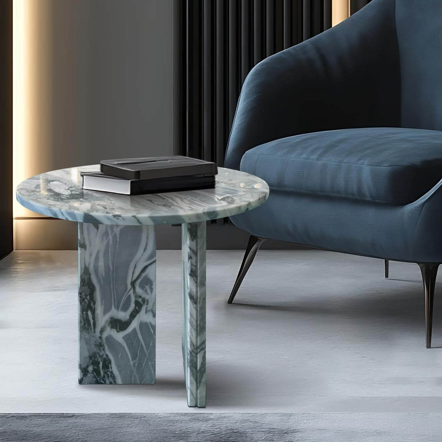 18" Modern Round Blue Natural Marble Side Table for Bathroom and Livingroom