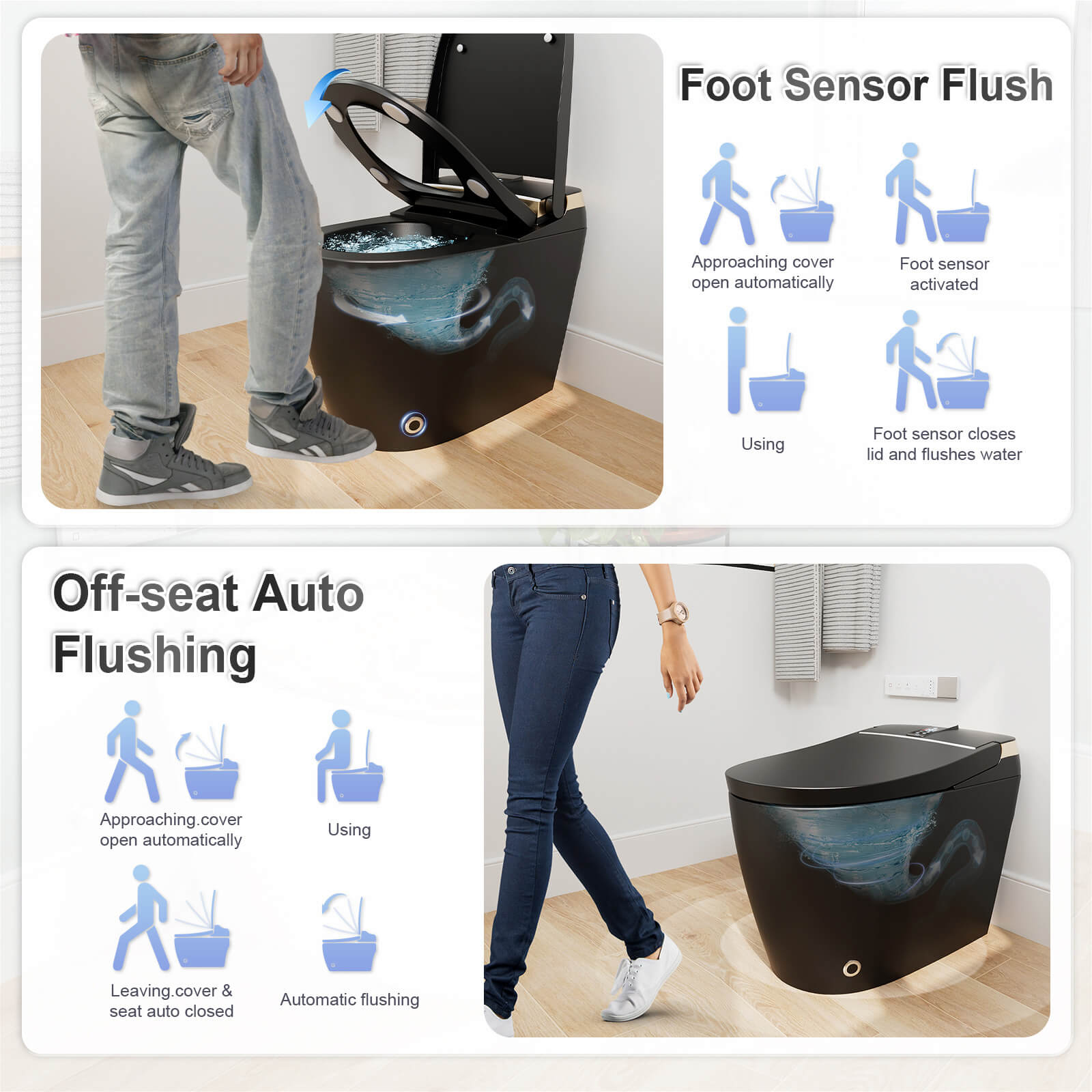 Elongated Floor Mounted Auto Flush Black Smart Toilet