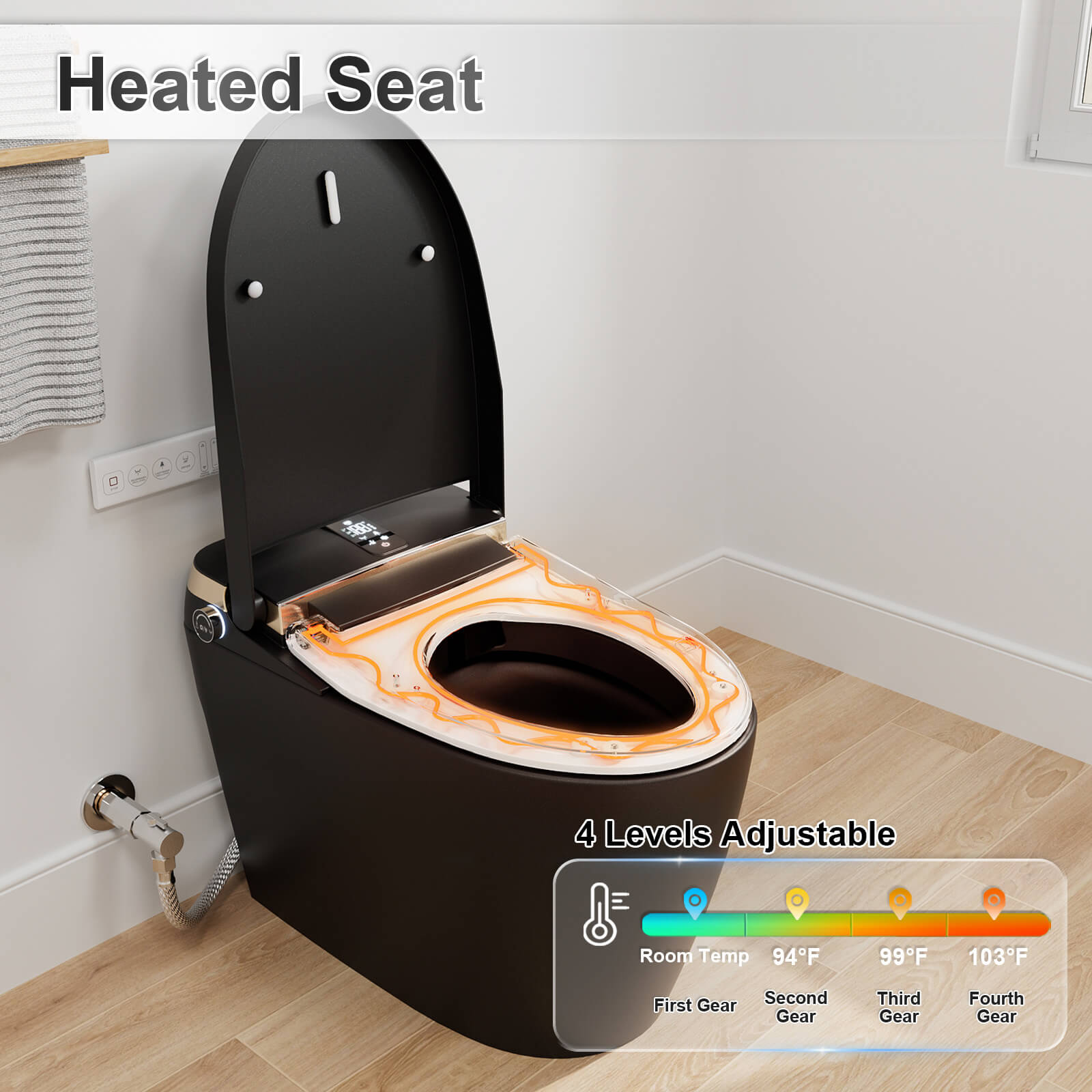 Elongated Floor Mounted Black Smart Toilet with heated Seat