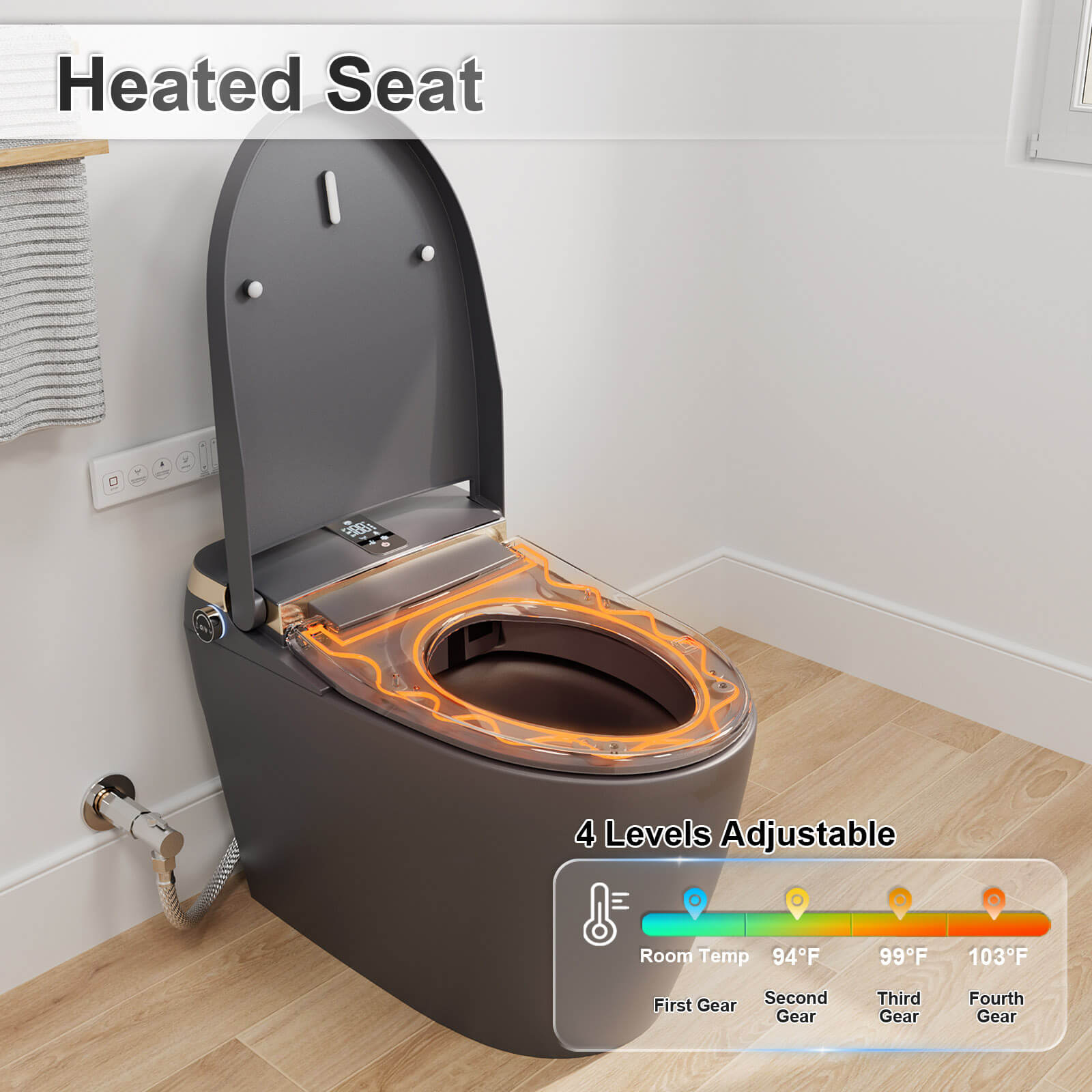 Elongated Floor Mounted gray Smart Toilet with heated Seat
