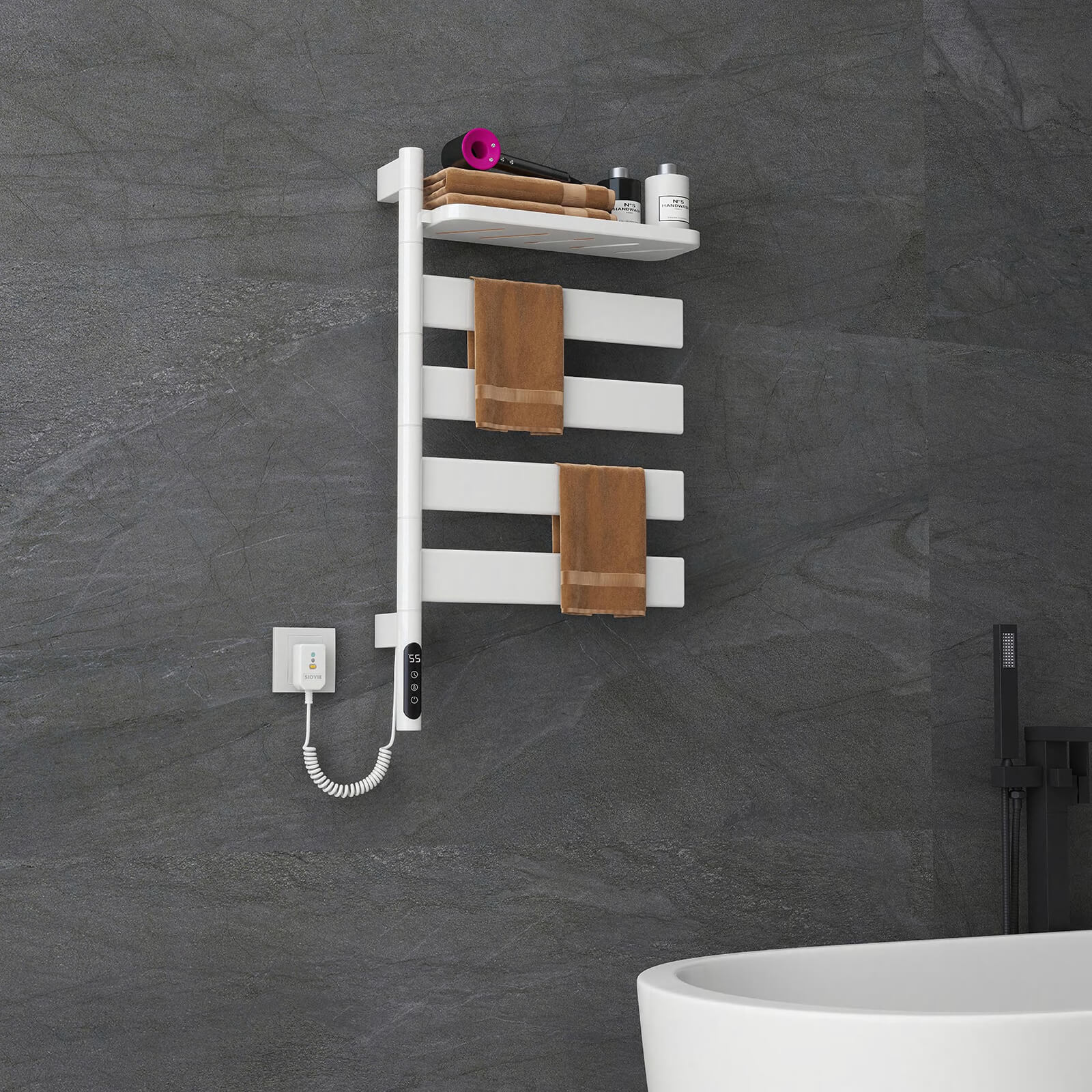 Energy-saving white towel warmer ideal for eco-conscious homes