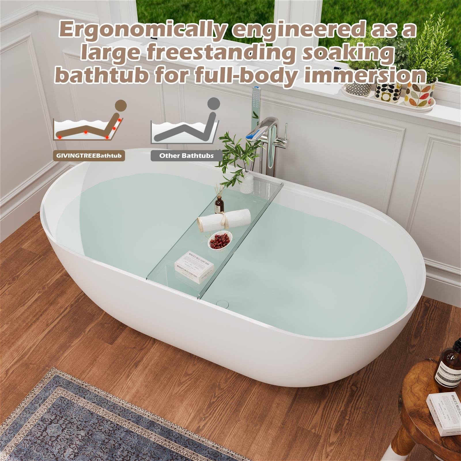 Ergonomic oval soaking tub with 115 degree recline angle