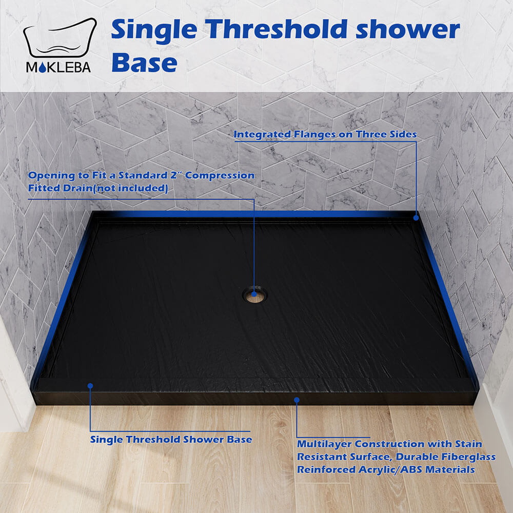 Fast efficient water flow layout on sleek black non-slip shower base surface