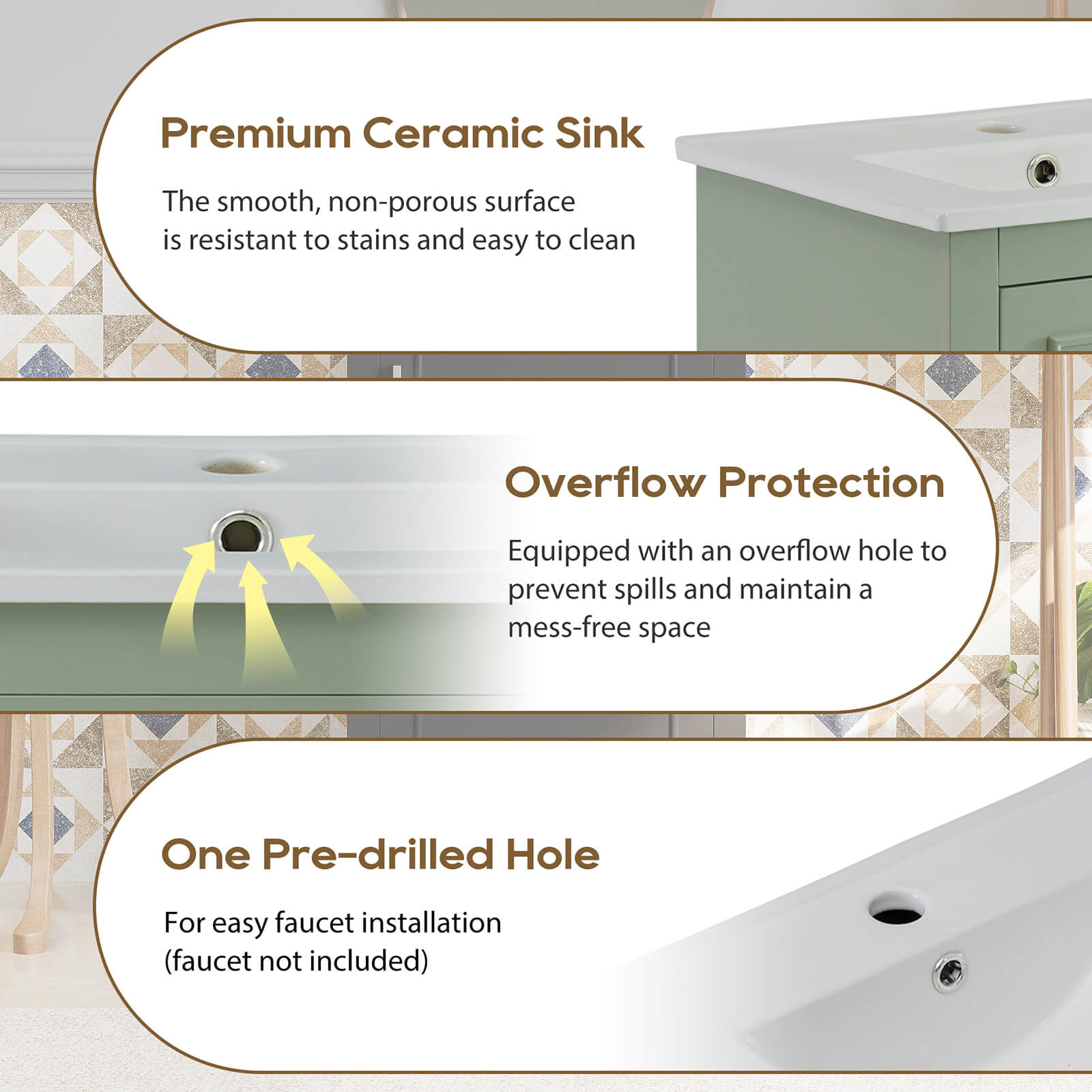 Faucet hole instructions for a 20 inch lime green single door bathroom vanity