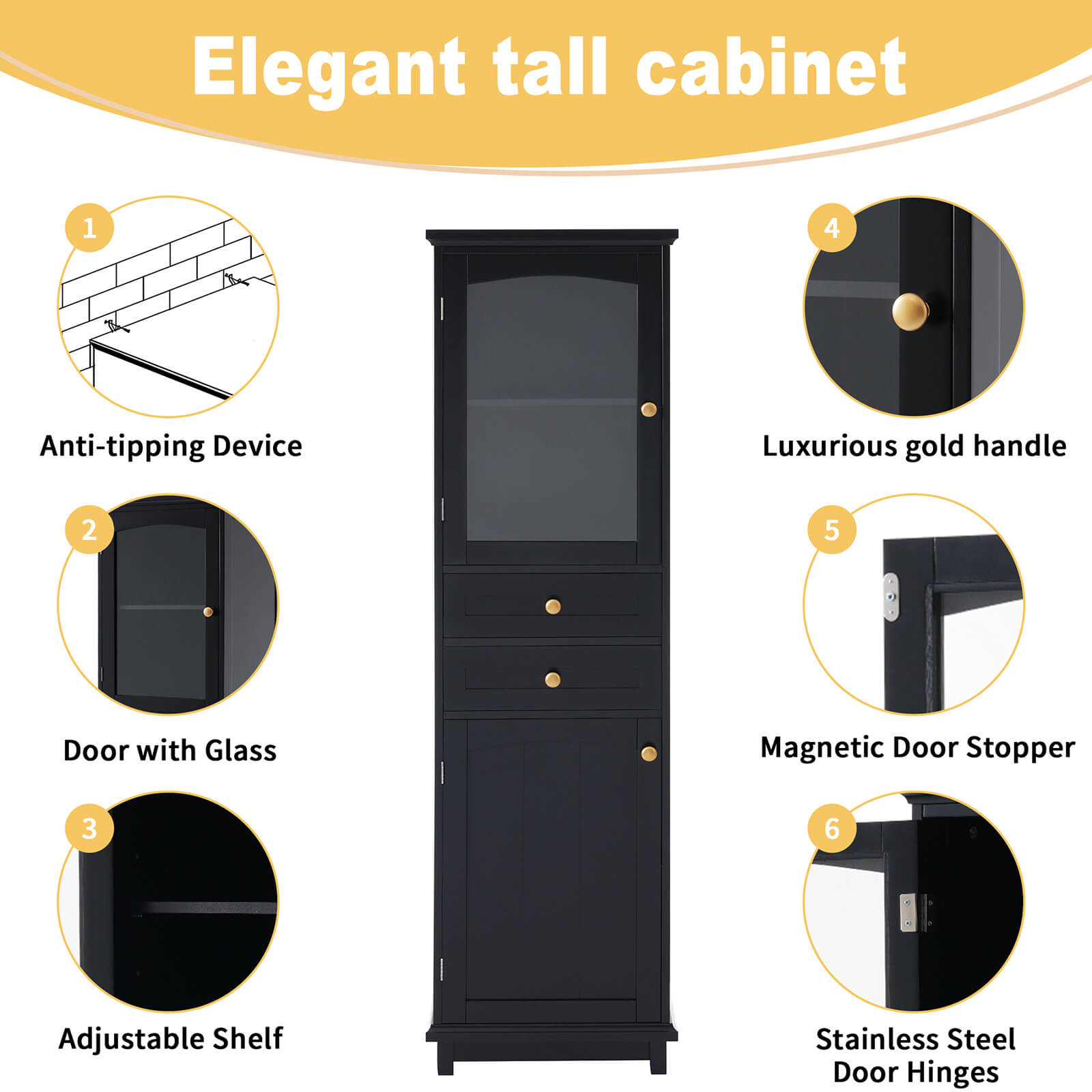 Features details of the 63 inch tall black freestanding linen cabinet