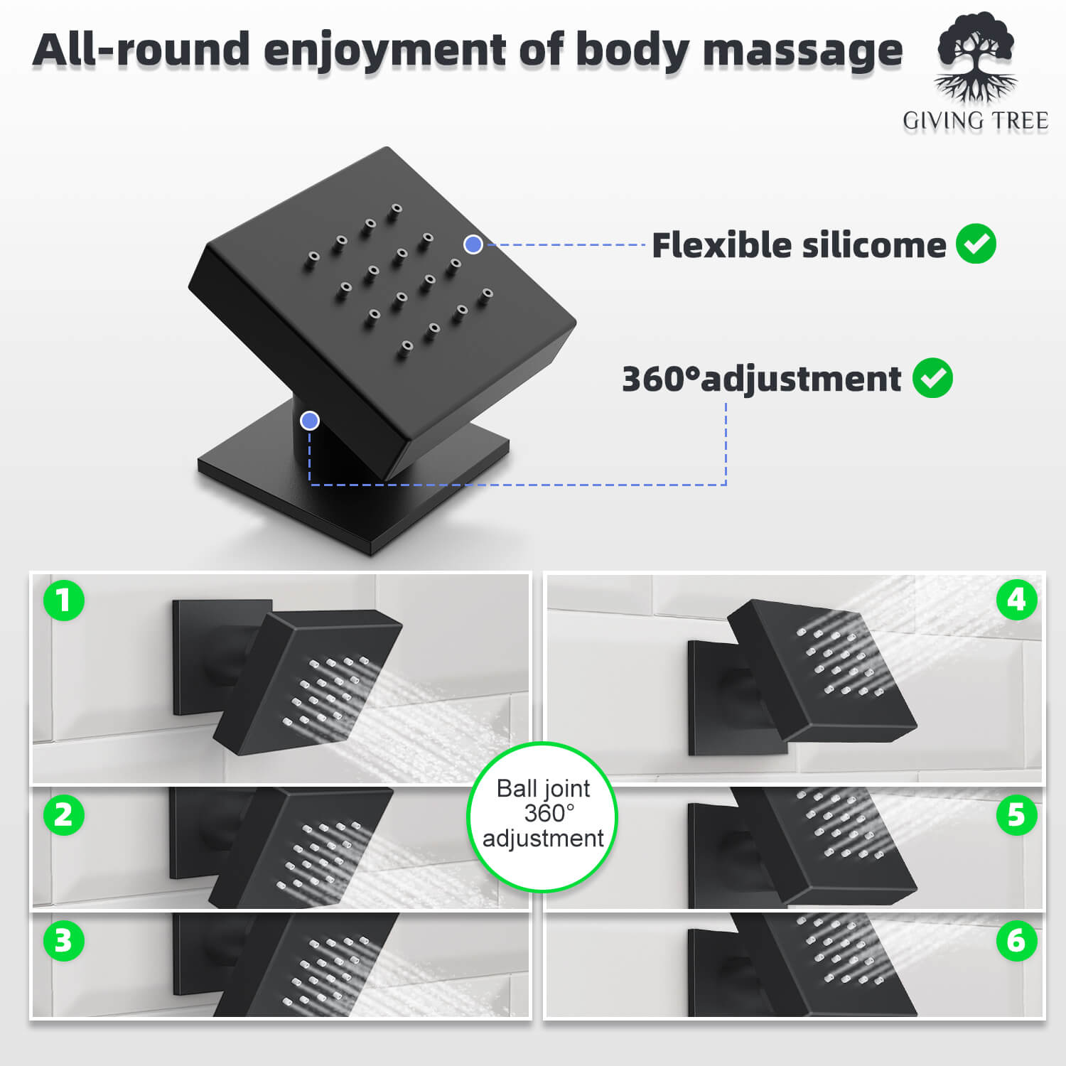 Flexible shower system with 360_ rotating body jets