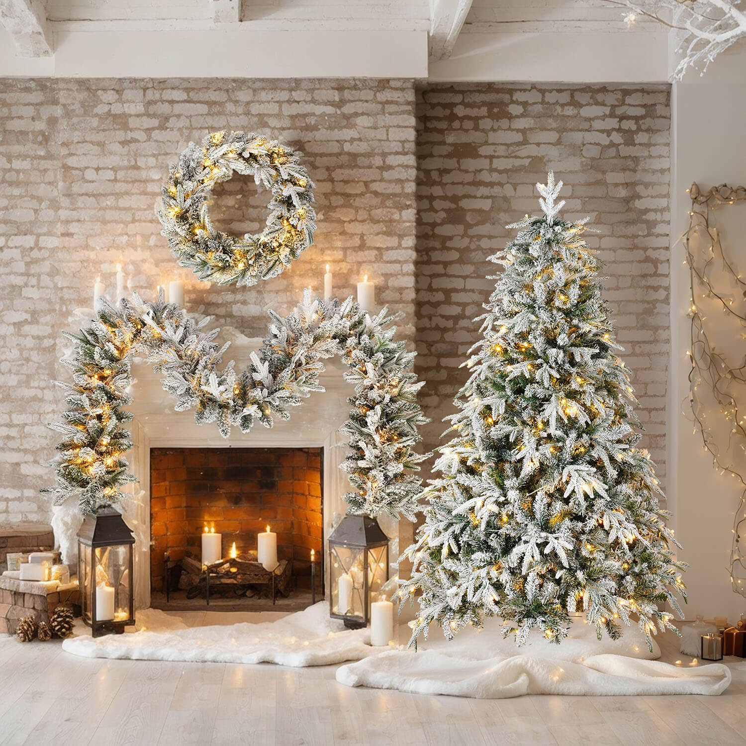 Árbol de Navidad nevado de 1,80 m con luces - Set de 3 piezas, árbol de Navidad con efecto nieve, guirnalda y cinta para decoración del hogar