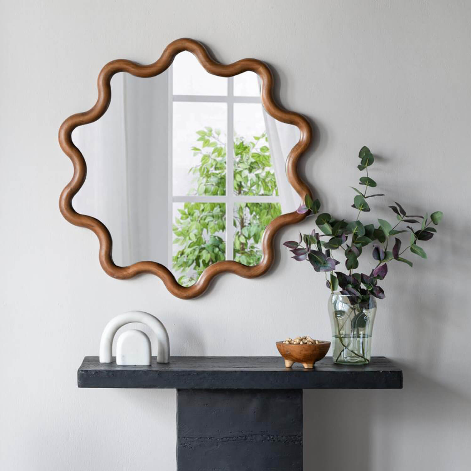 Floral scalloped wooden mirror for entryway with table decor
