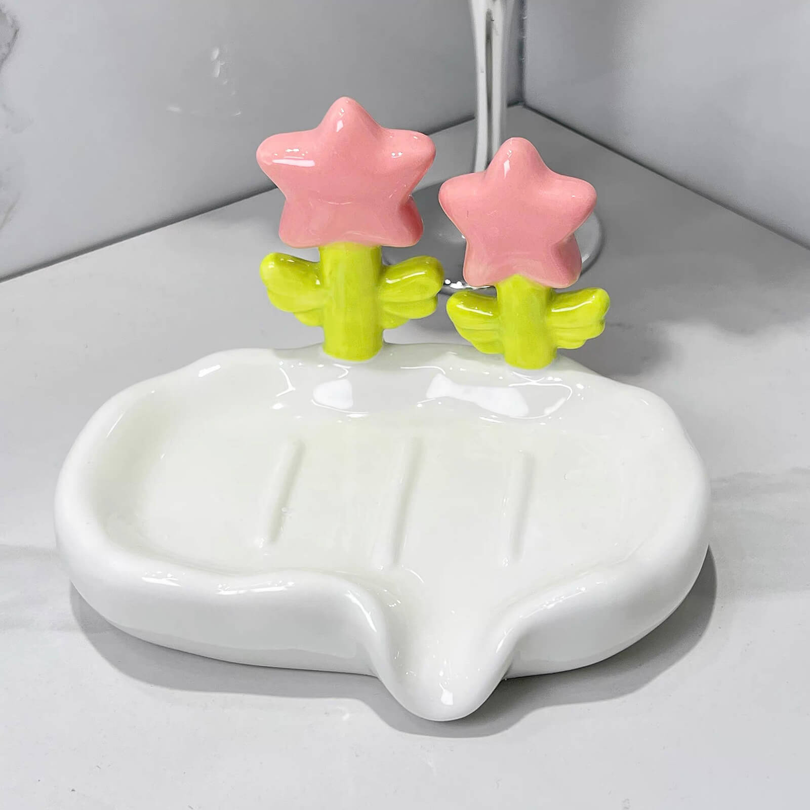 Ceramic Flower Shaped Soaps Dish holder with Self Draining Soap Dish for Shower Bathroom