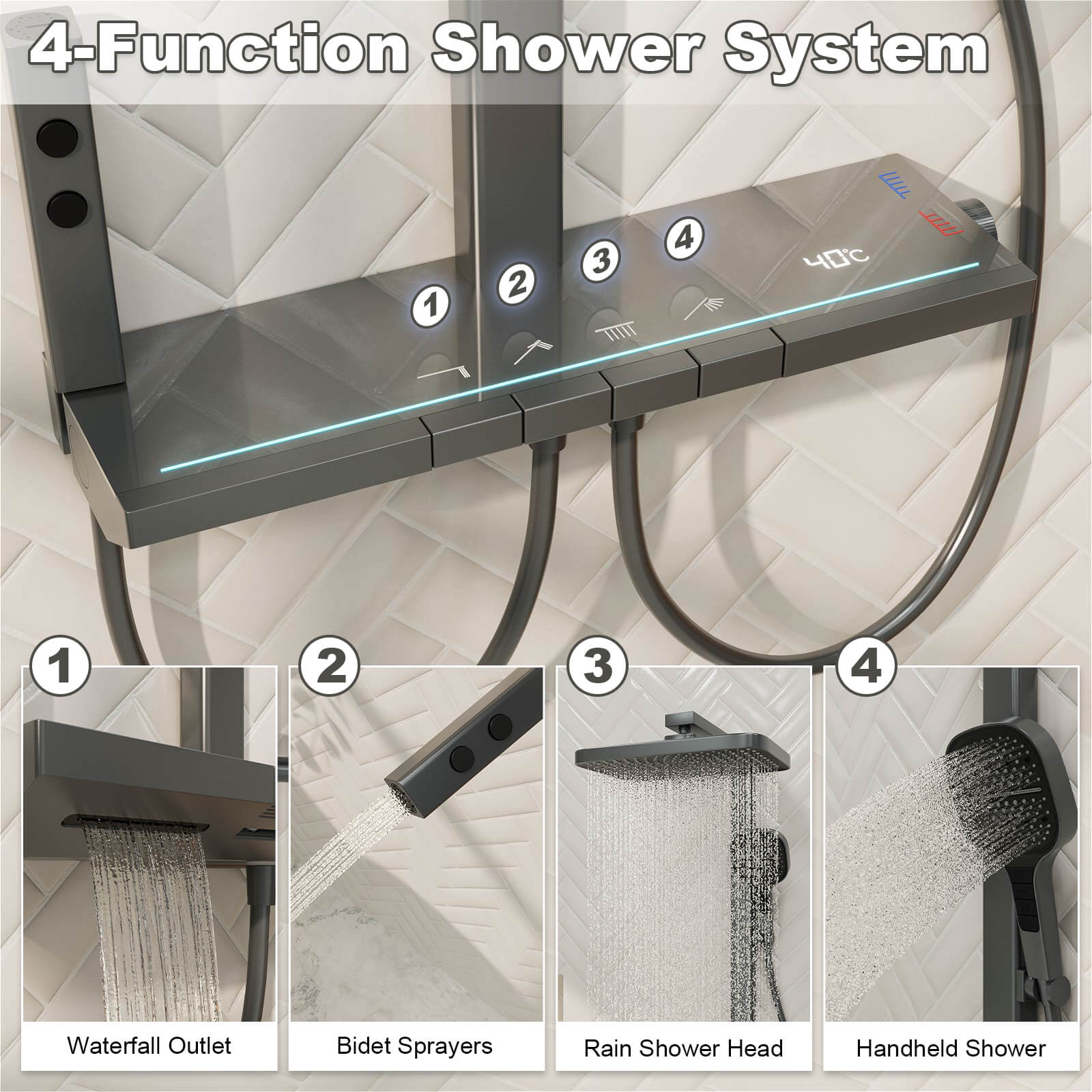 12" Thermostatic Shower System with Piano Key Digital Display Ambient Lights, Tub Spout, Hand Shower, Bidet Sprayer