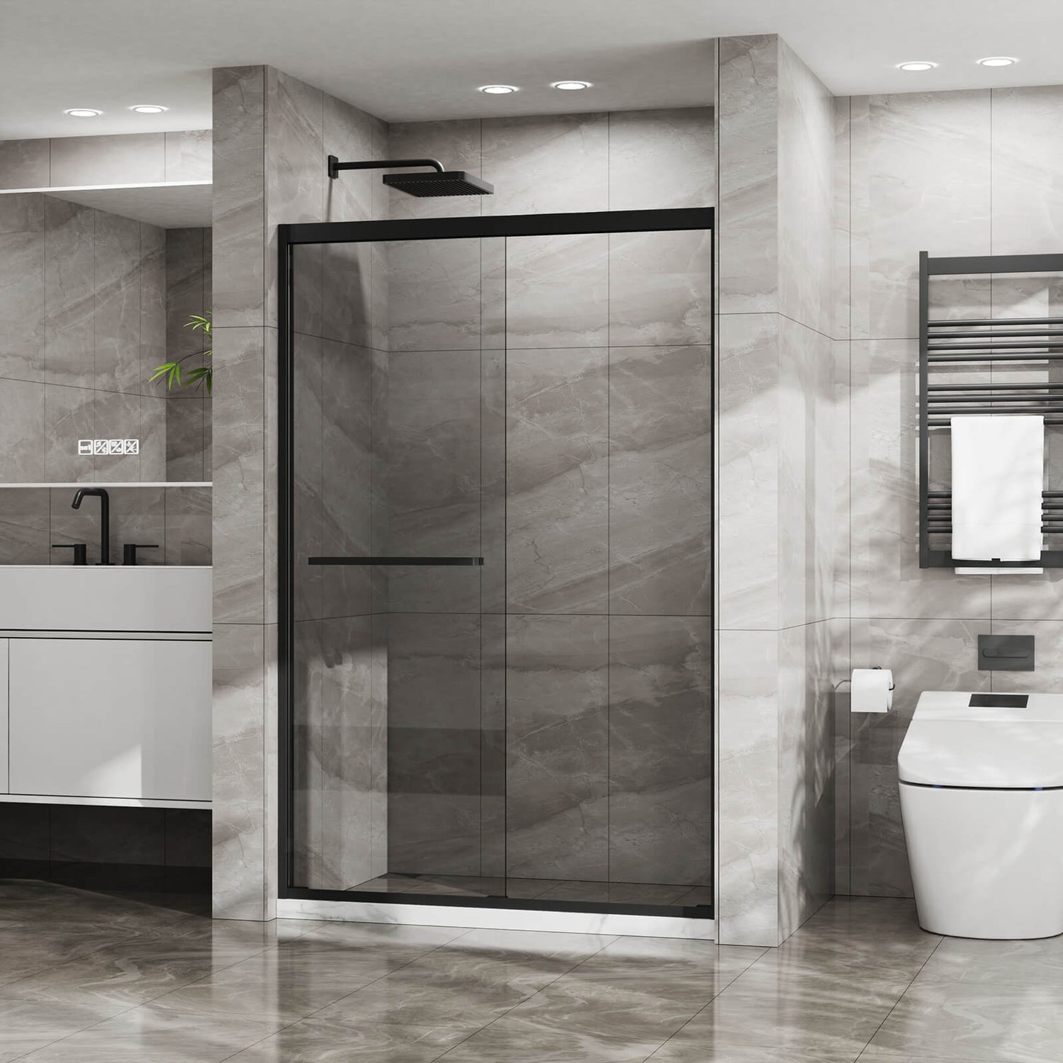 Frameless look sliding shower doors with soft glide track