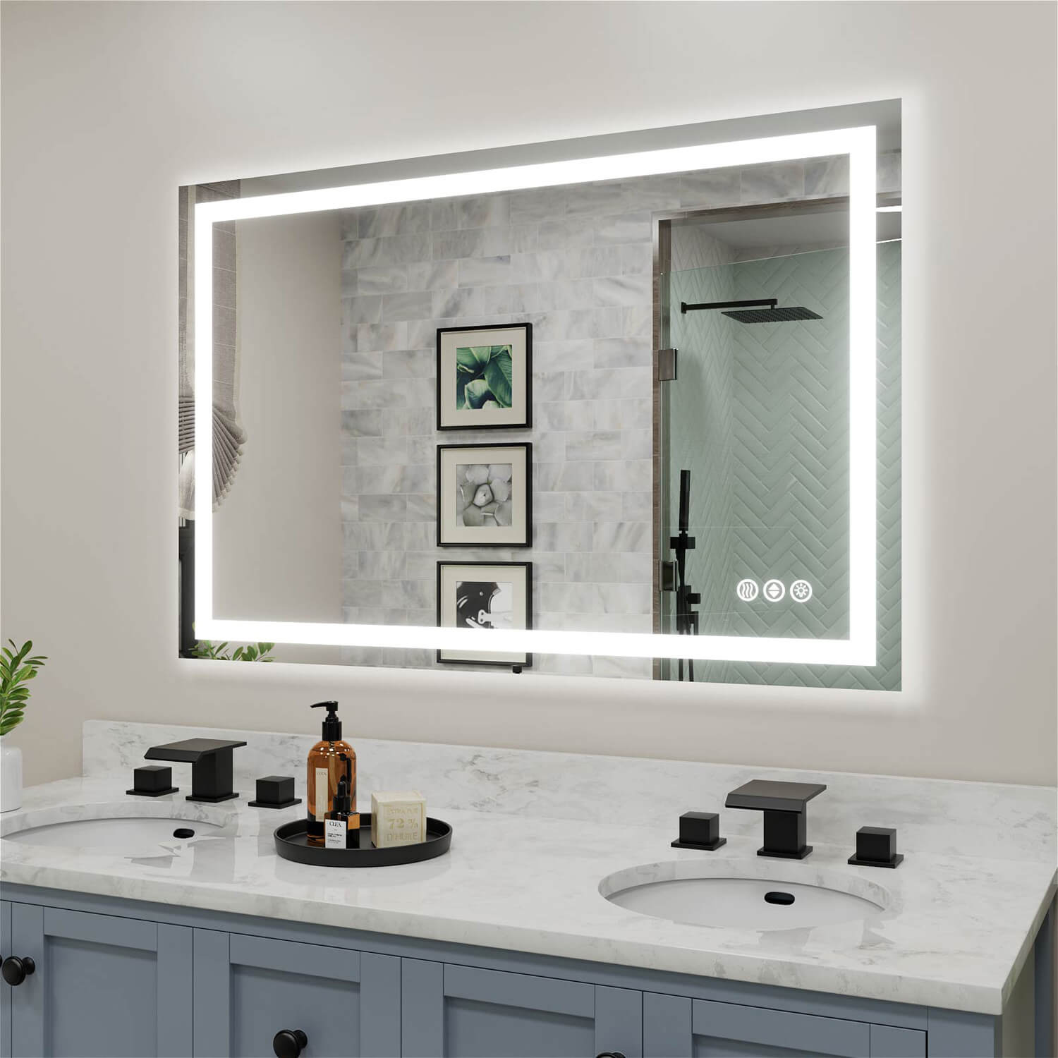 Frameless LED bathroom mirror with anti-fog function and touch control buttons