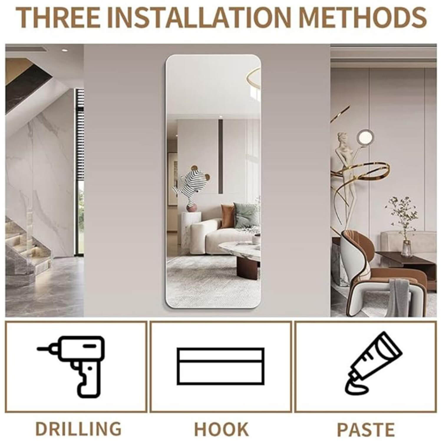 Frameless full length mirror with three versatile installation methods