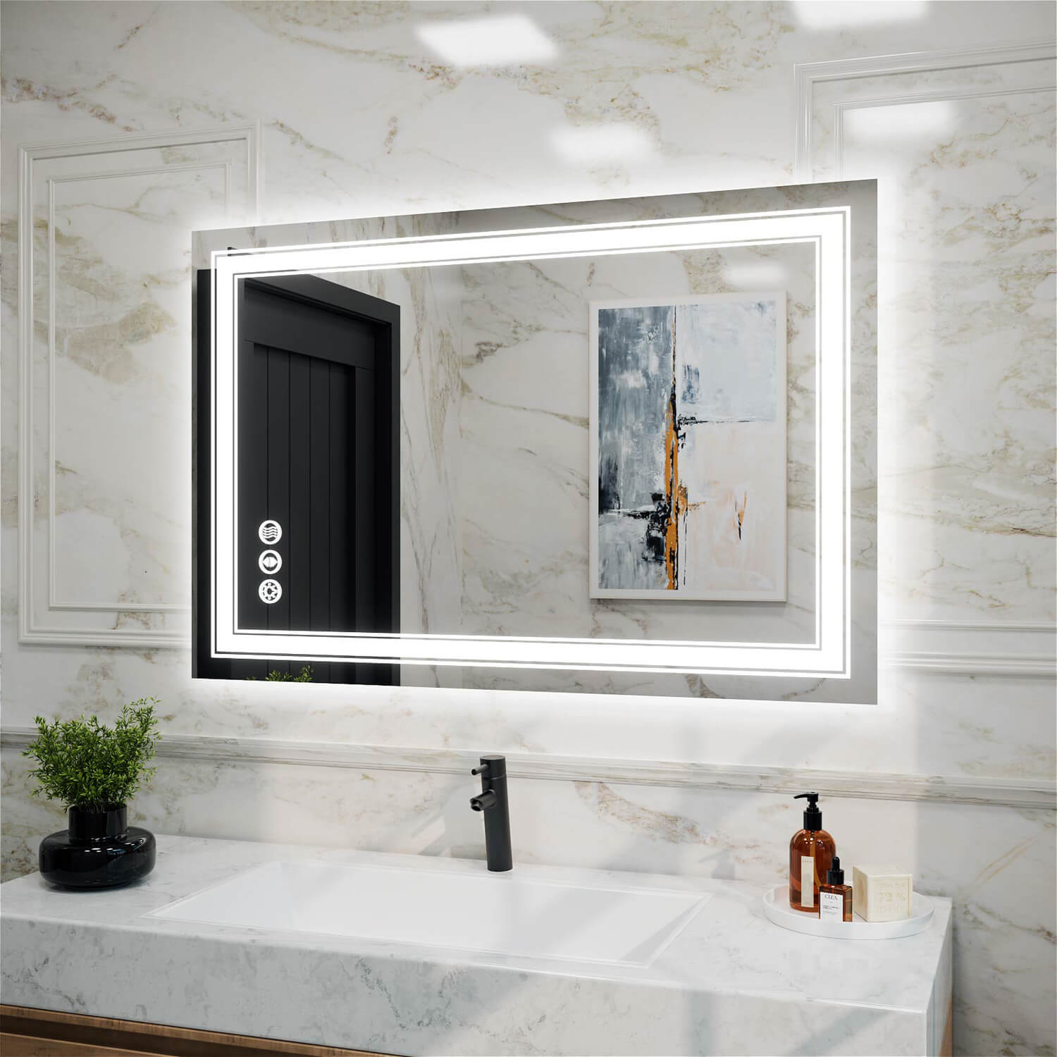 Frameless rectangular LED bathroom mirror with double light strip and anti-fog function