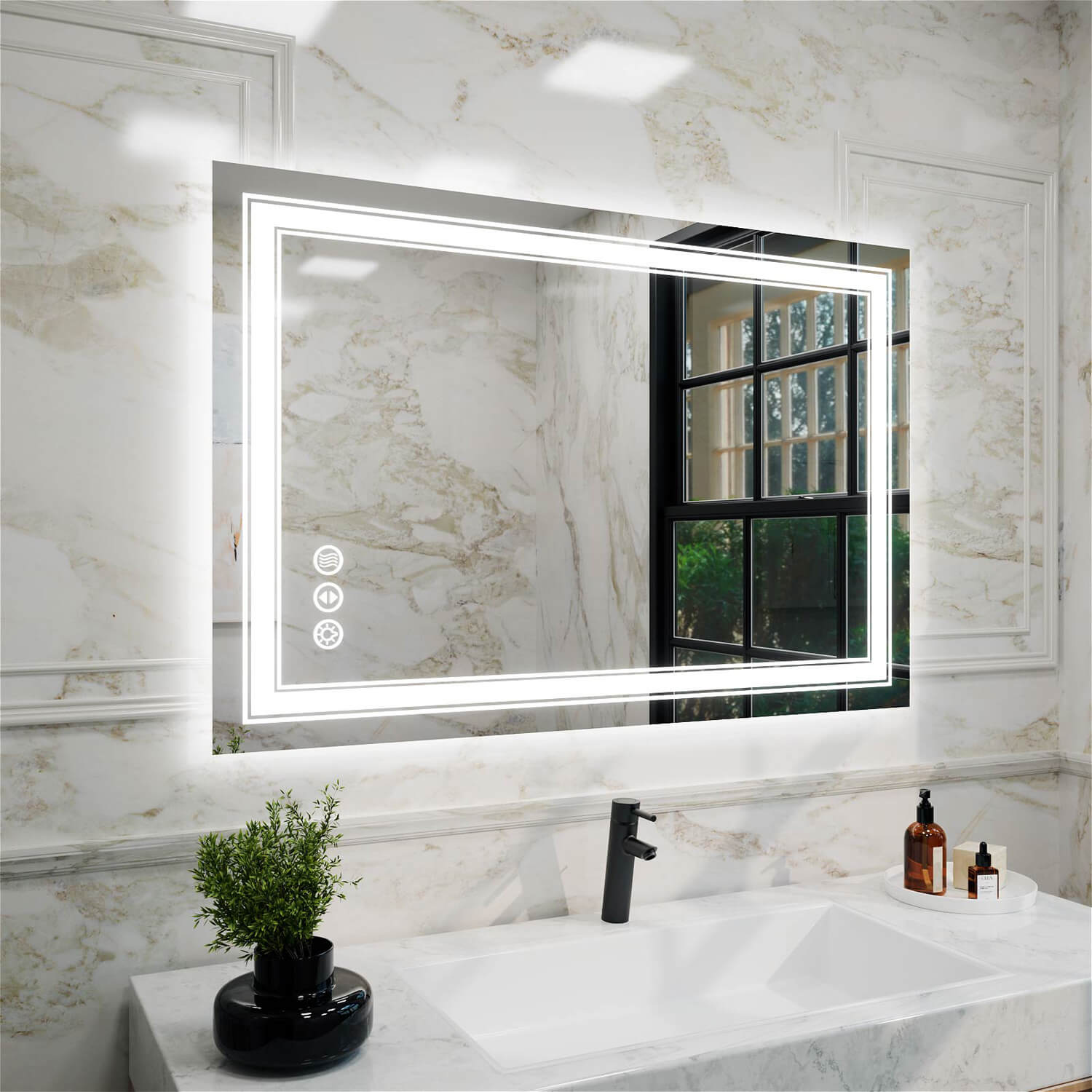 Frameless rectangular LED bathroom mirror with double light strip and dimmable lighting