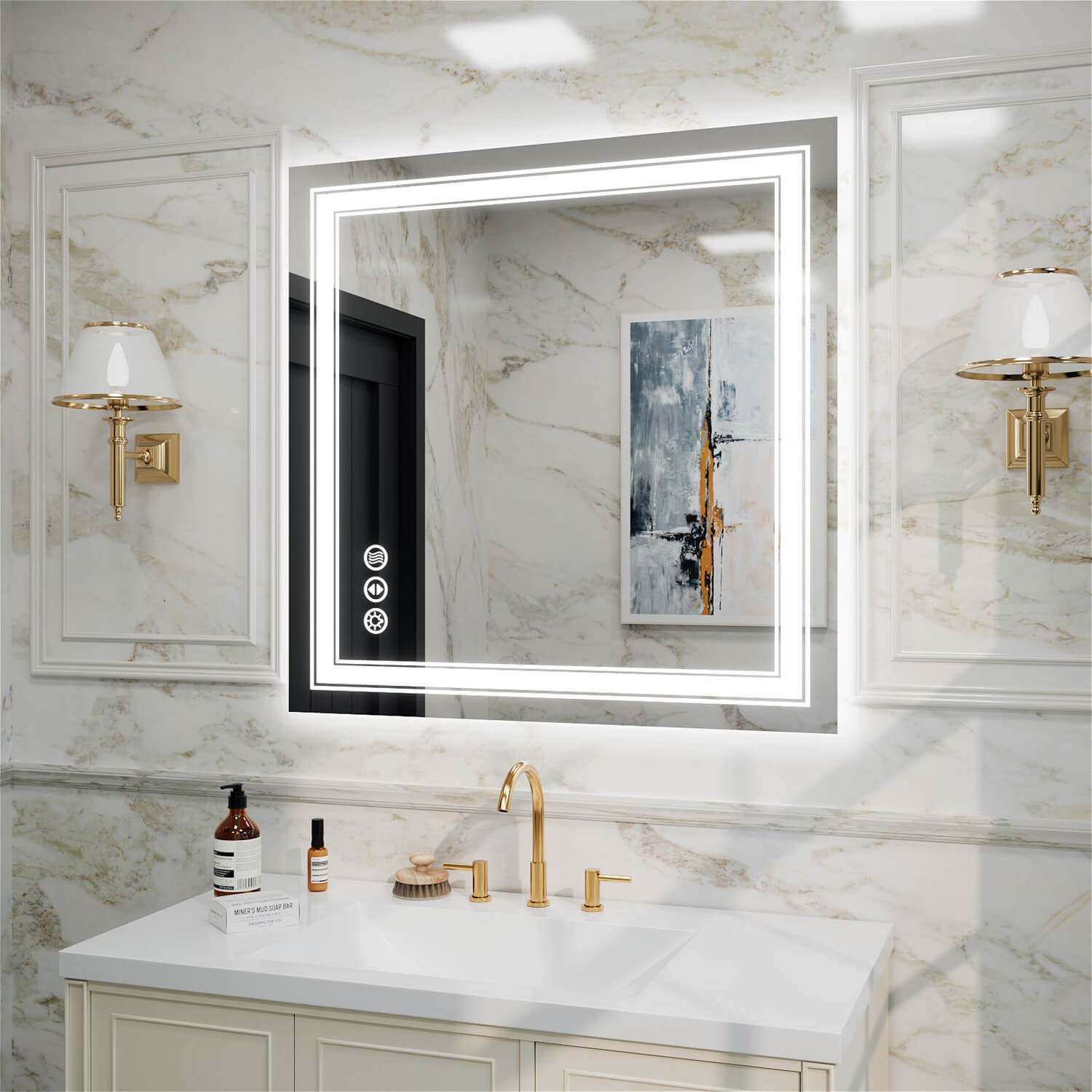 Frameless square LED bathroom mirror with double light strip and anti-fog function