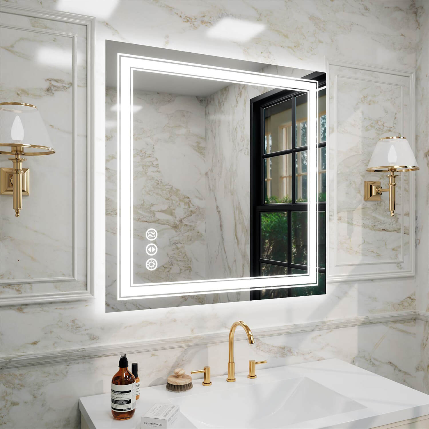 Frameless square LED bathroom mirror with double light strip and dimmable lighting