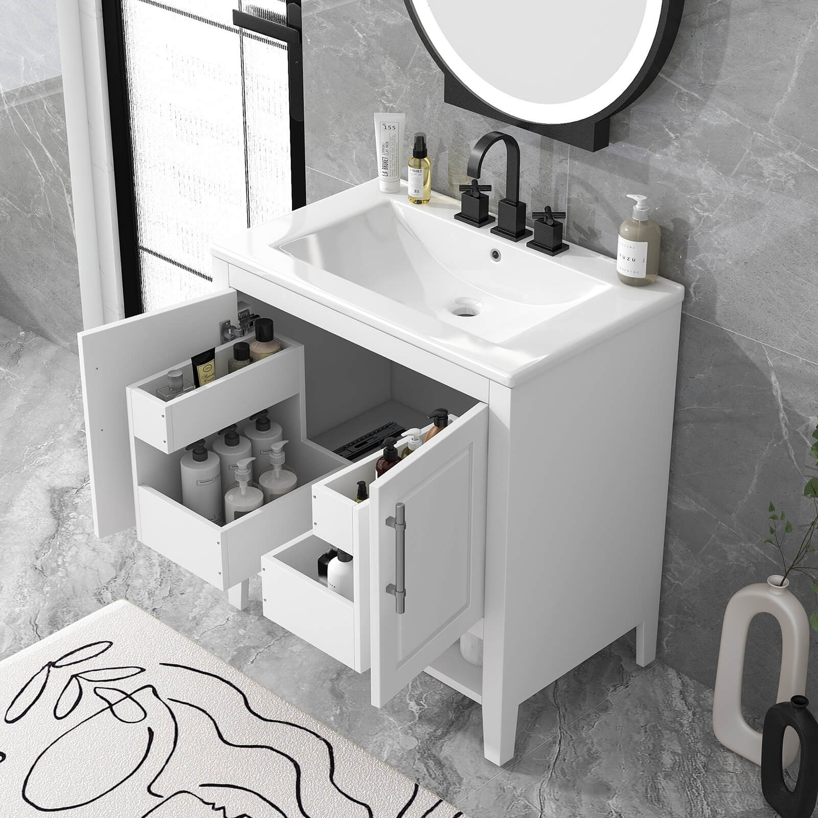 Freestanding bathroom cabinet featuring silver metal handles