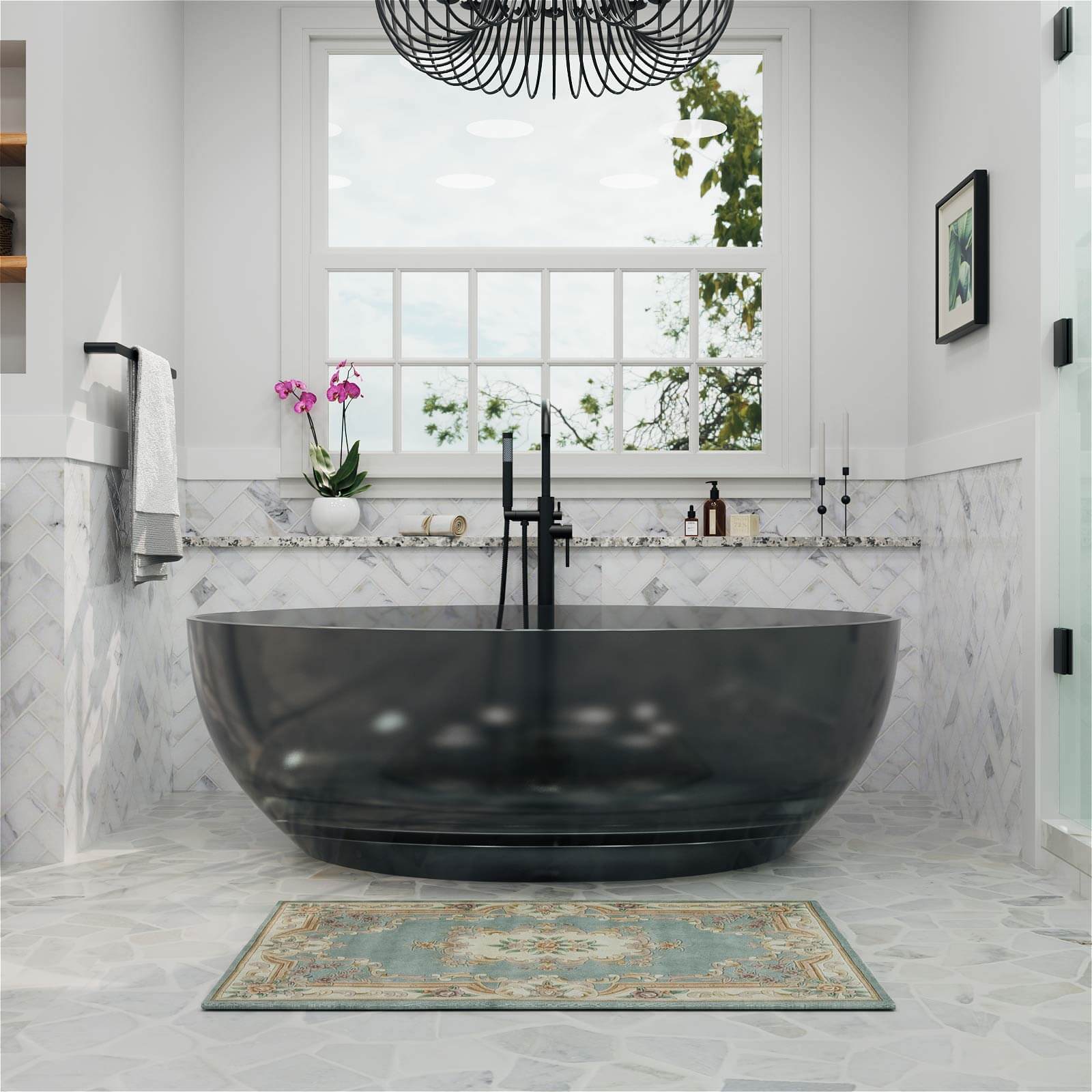 Freestanding round bathtub with seamless waterline