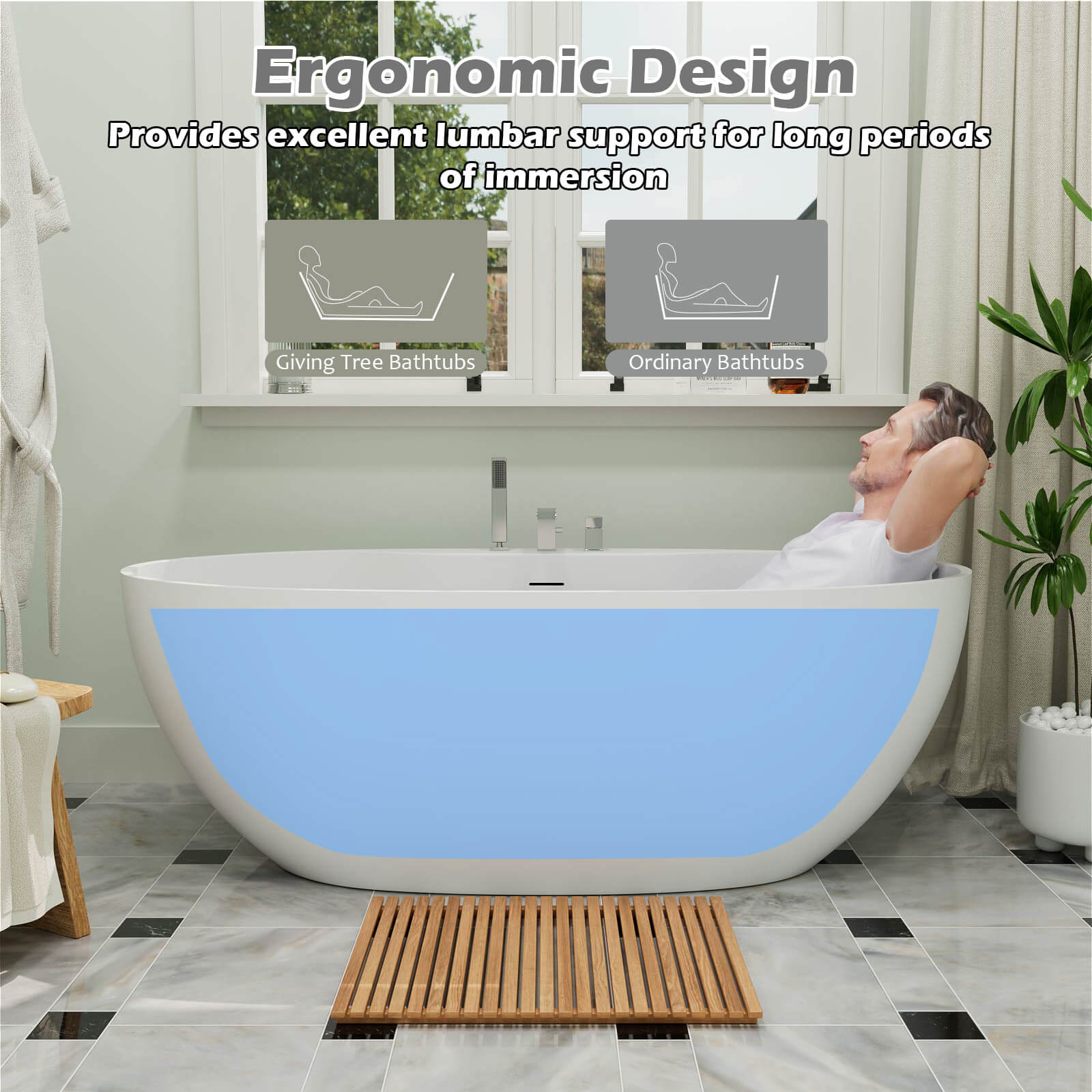 Freestanding tub angled for ergonomic support