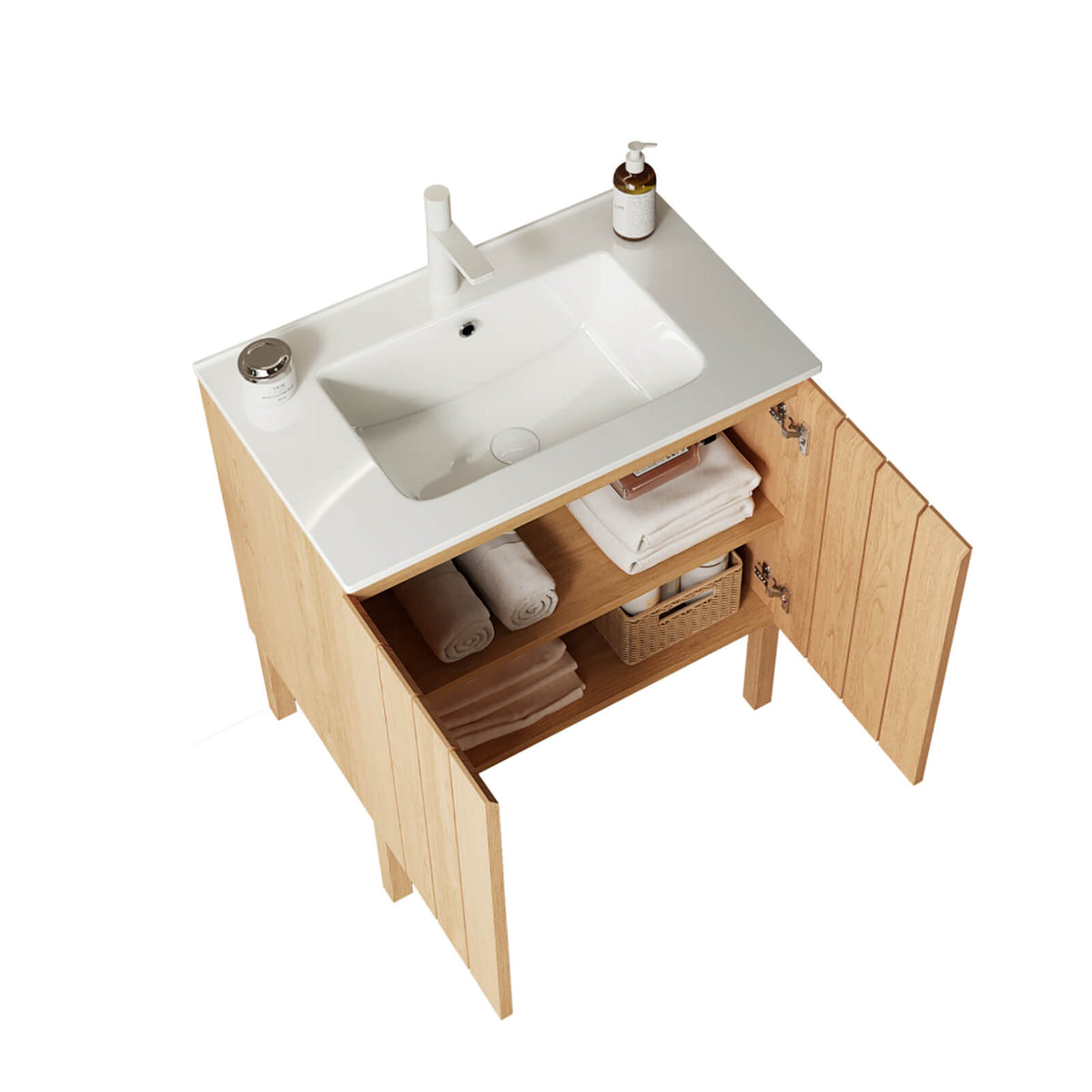 Freestanding vanity with matte white integrated ceramic sink