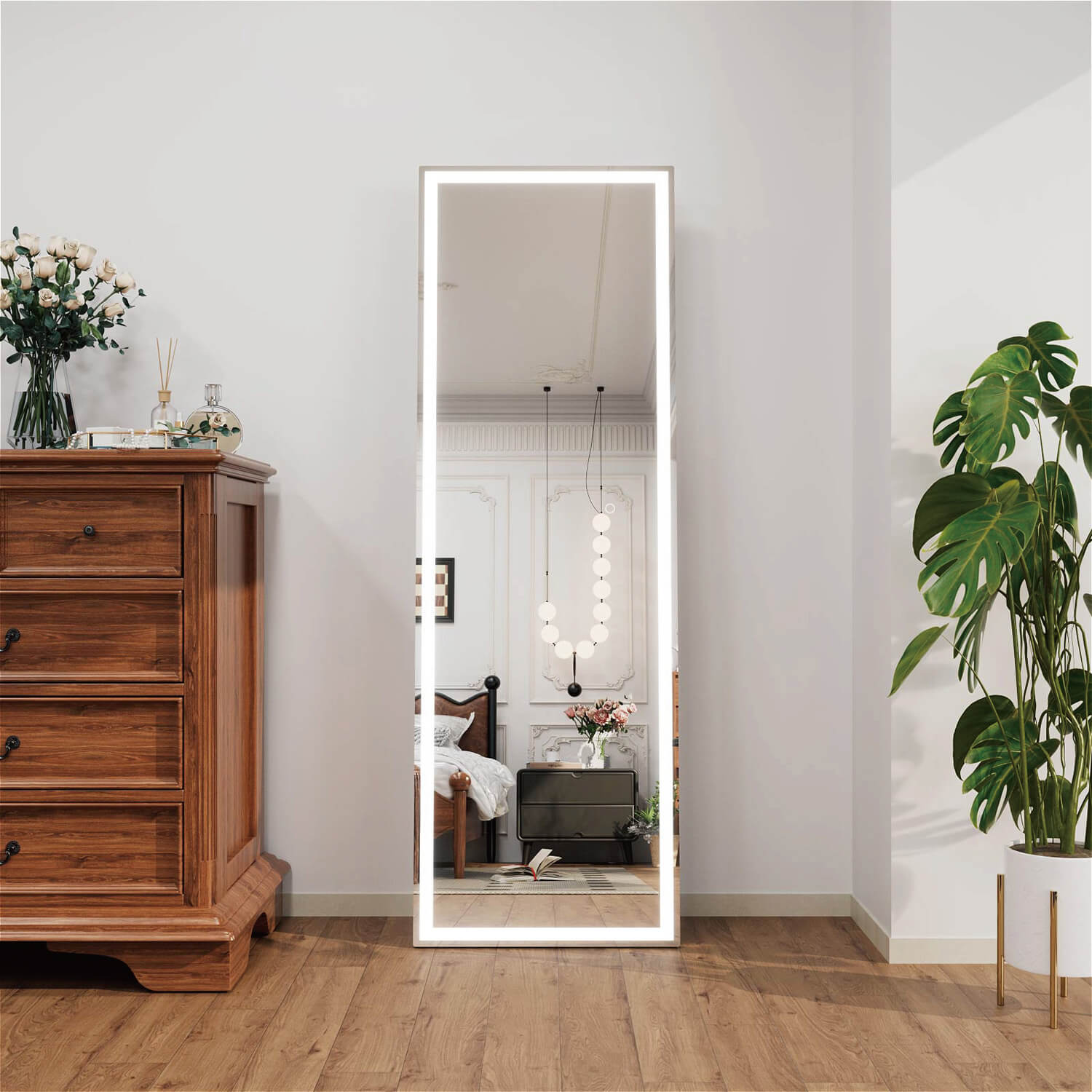 Freestanding LED full length mirror with touch control and minimalist frame