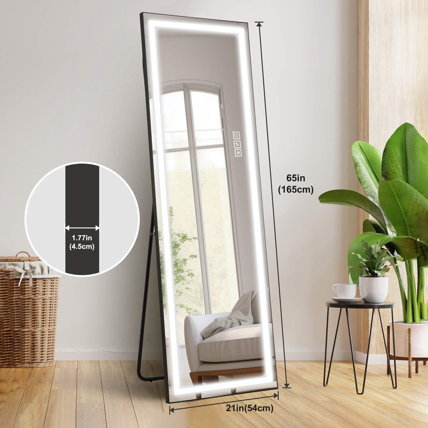 Freestanding LED mirror with 1.77 inch thickness for cozy living room