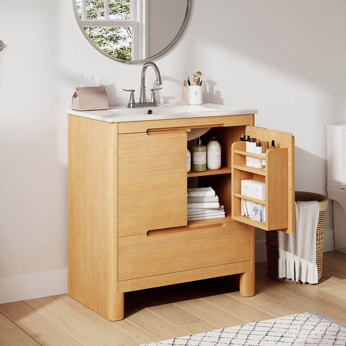 Freestanding bathroom vanity white oak finish with ceramic basin