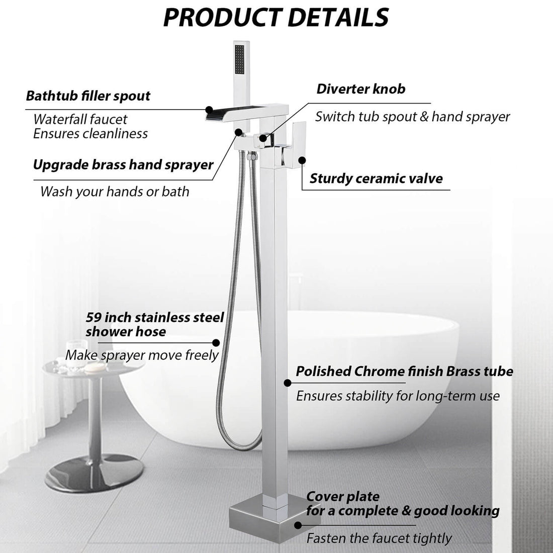 Freestanding bathtub faucet with hand shower and brass body
