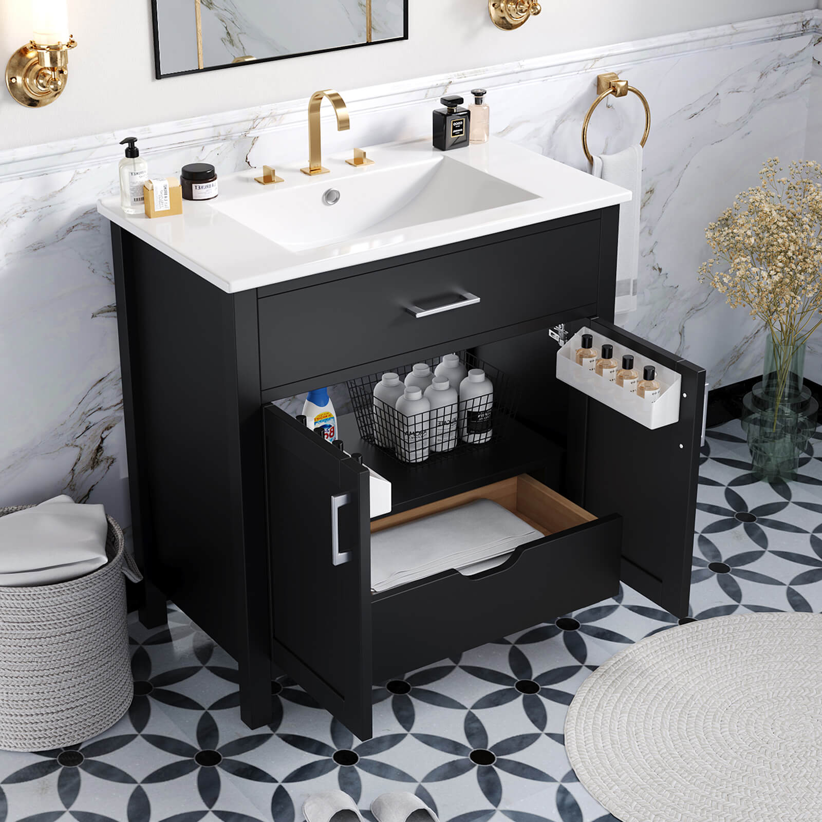Freestanding black bathroom vanity with luxurious silver details