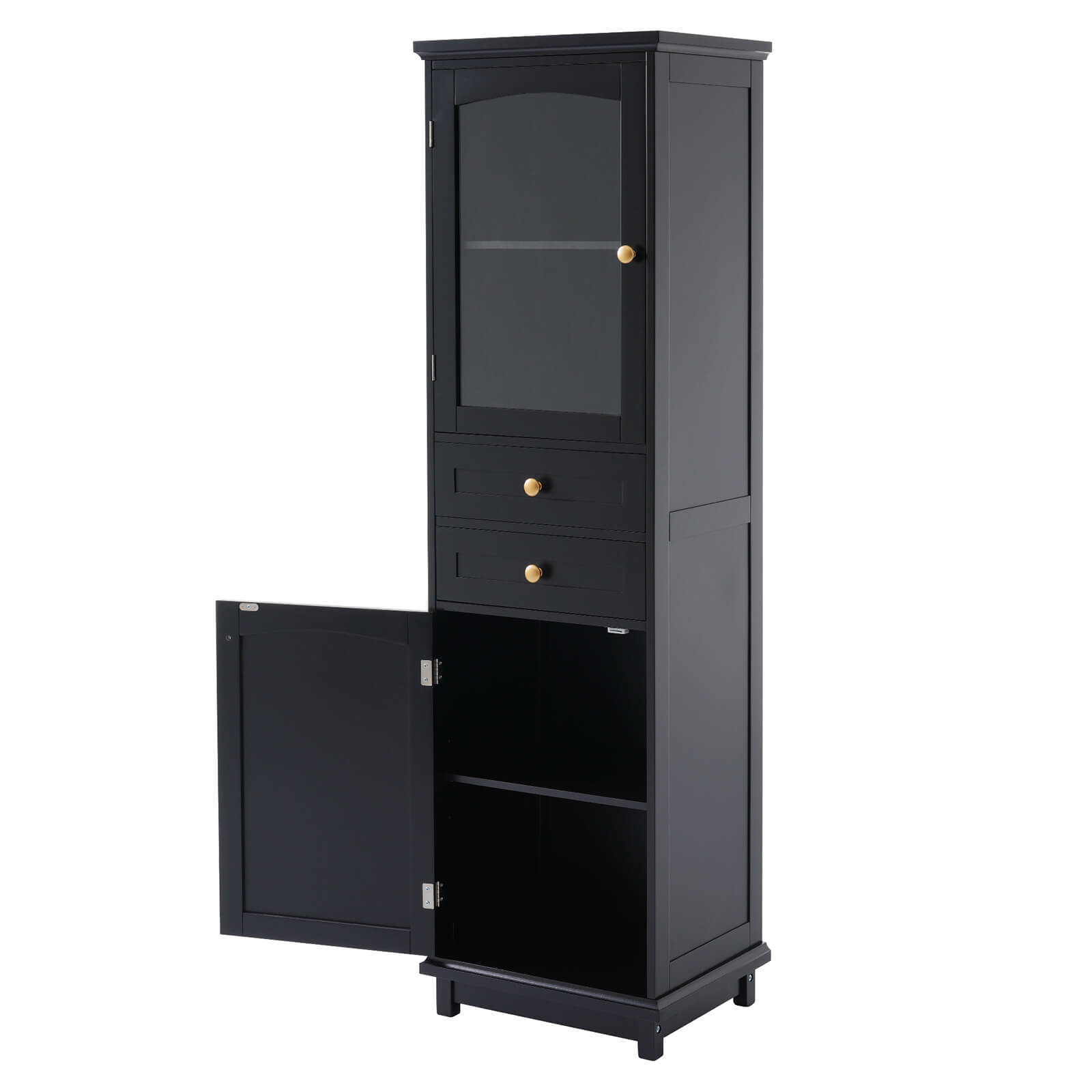 Freestanding black linen cabinet with transparent doors