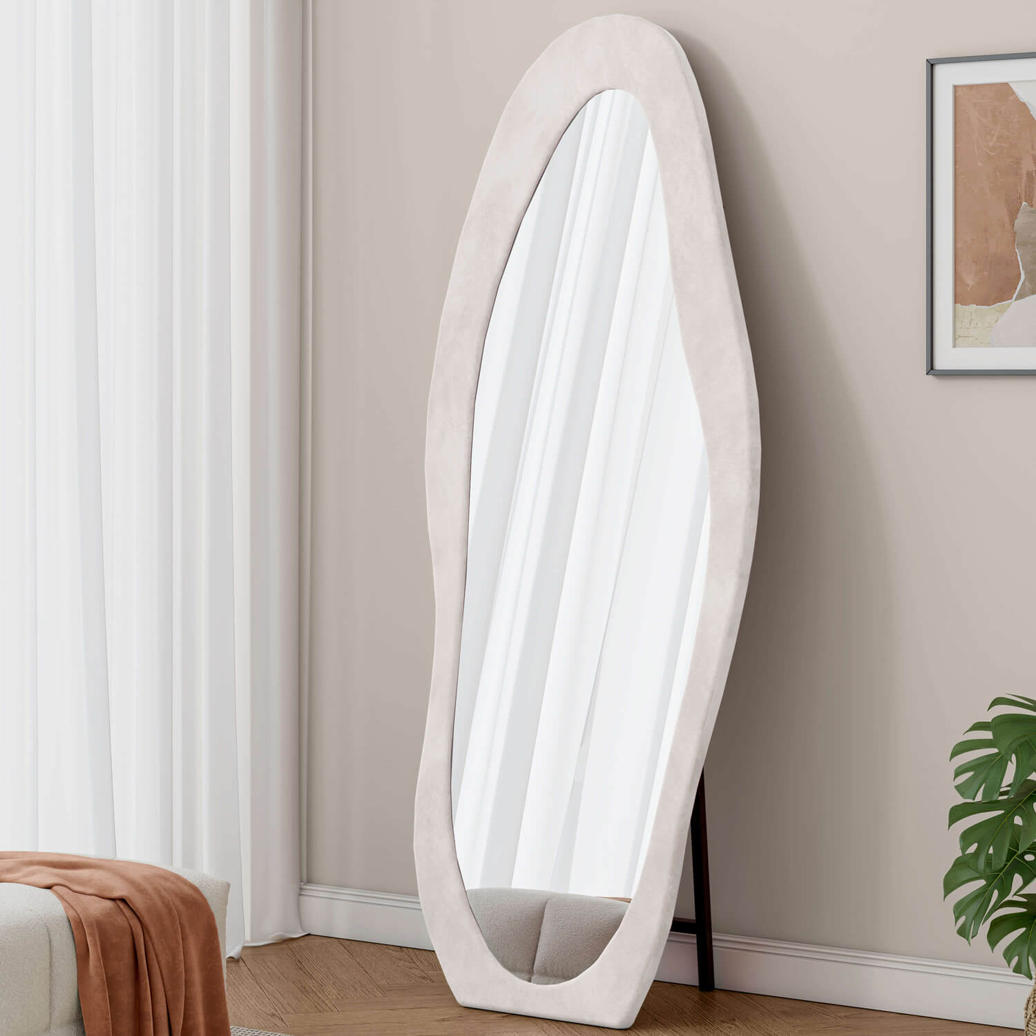 Freestanding cream organic mirror for minimalist living room decor