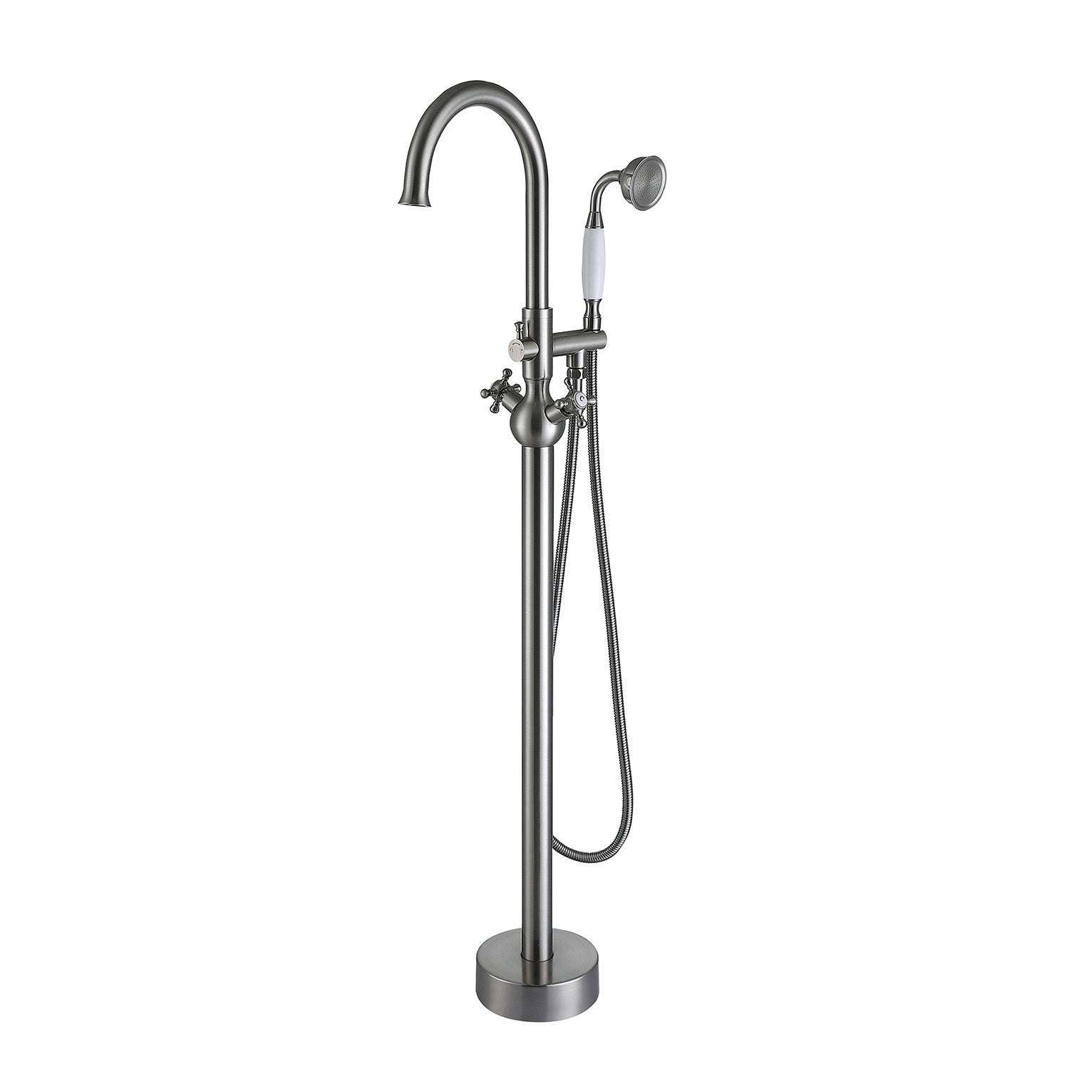 Freestanding tub filler brushed nickel with double handles and hand shower