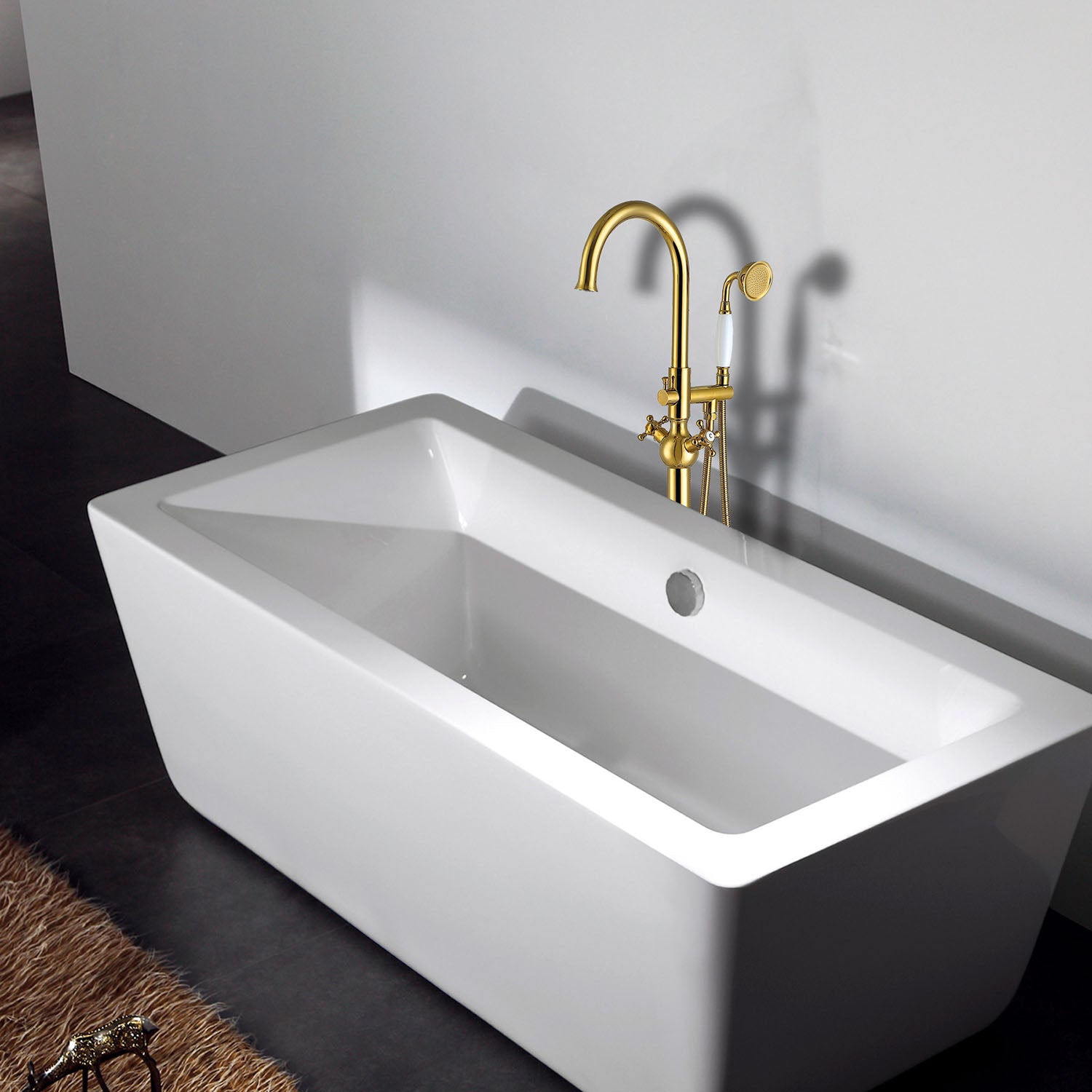 Freestanding tub filler faucet gold color with stable floor installation