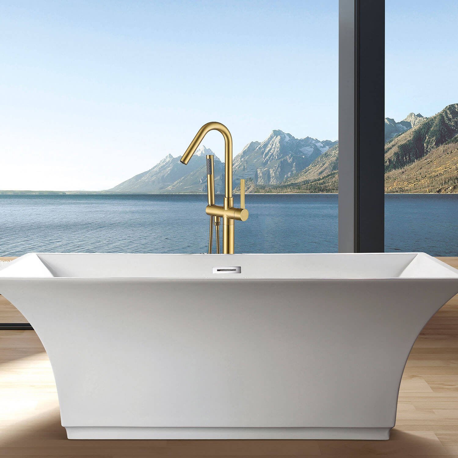 Freestanding tub filler gold finish with solid brass construction